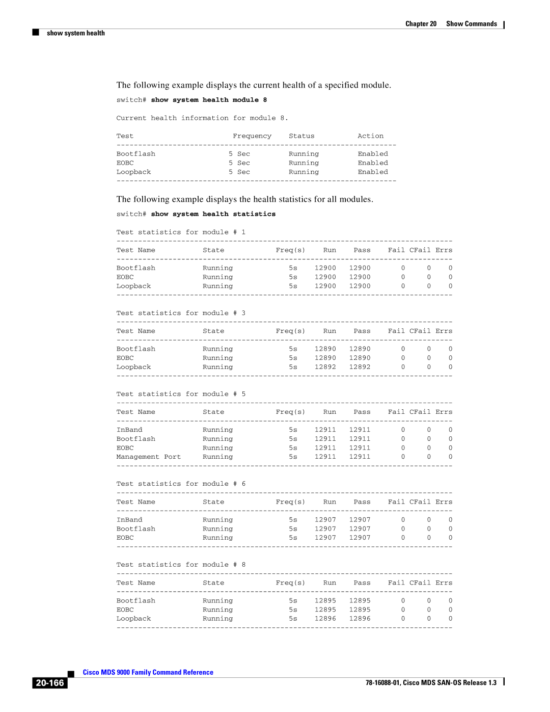 Cisco Systems MDS 9000 manual 20-166, Switch# show system health module, Switch# show system health statistics 