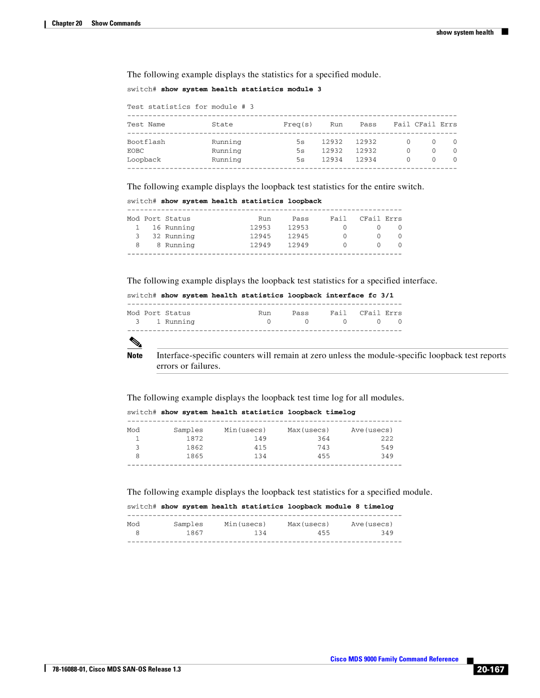 Cisco Systems MDS 9000 manual 20-167, Switch# show system health statistics module 