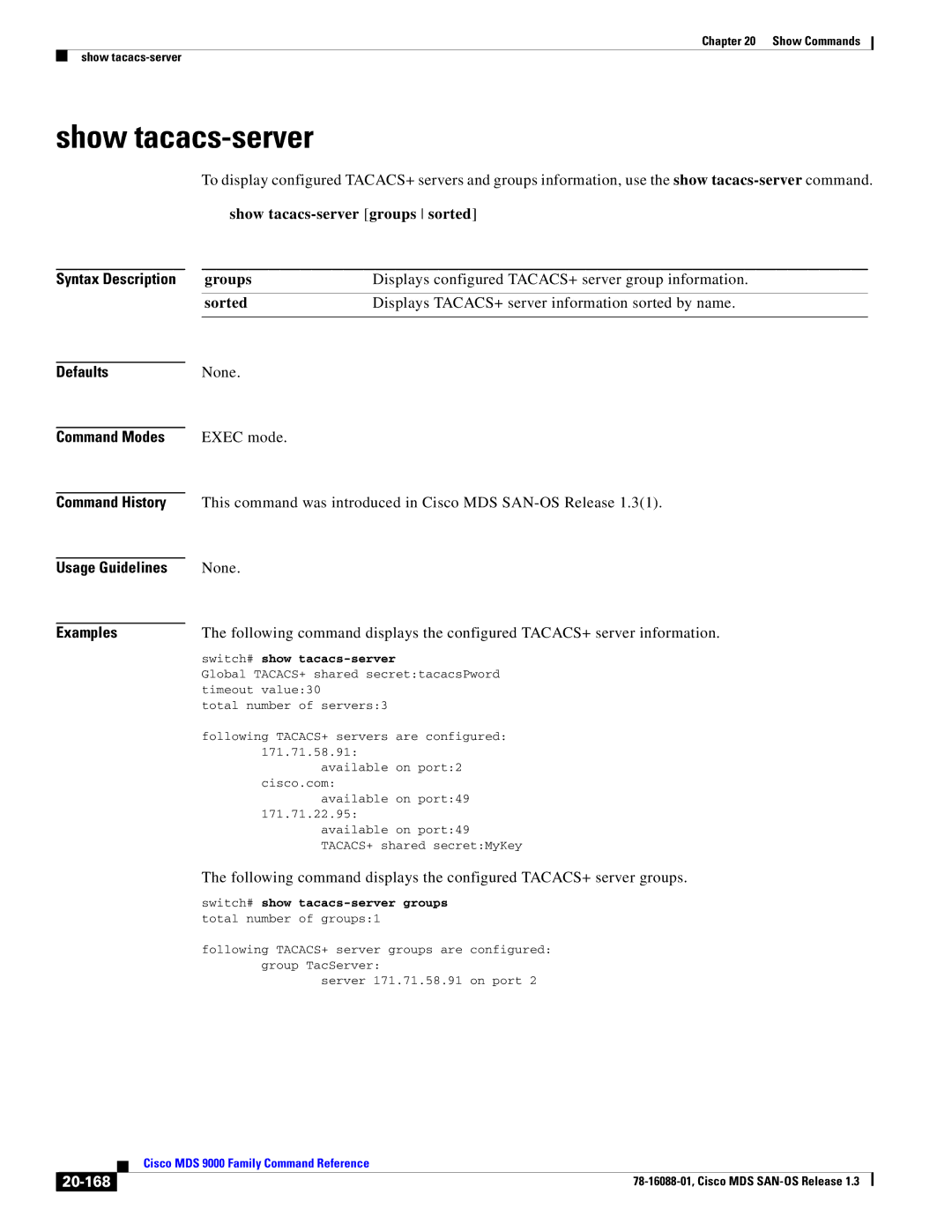 Cisco Systems MDS 9000 manual Show tacacs-server groups sorted, 20-168, Switch# show tacacs-server 