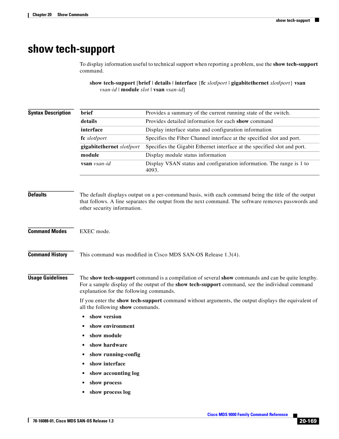 Cisco Systems MDS 9000 manual Show tech-support, Module, 20-169 