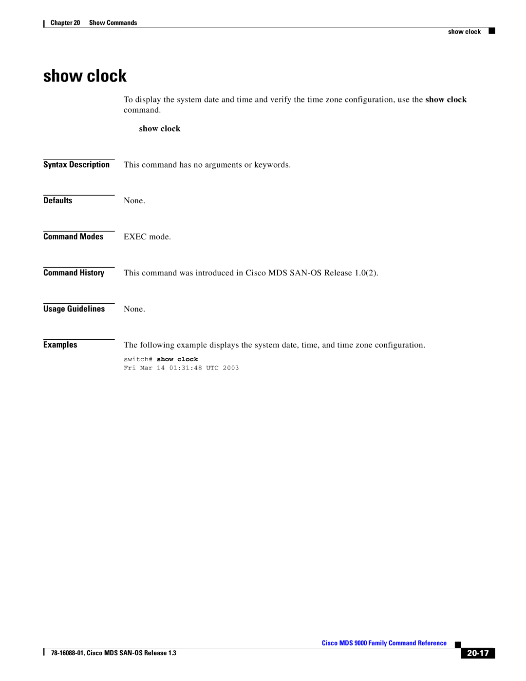 Cisco Systems MDS 9000 manual Show clock, Command, 20-17, Switch# show clock 