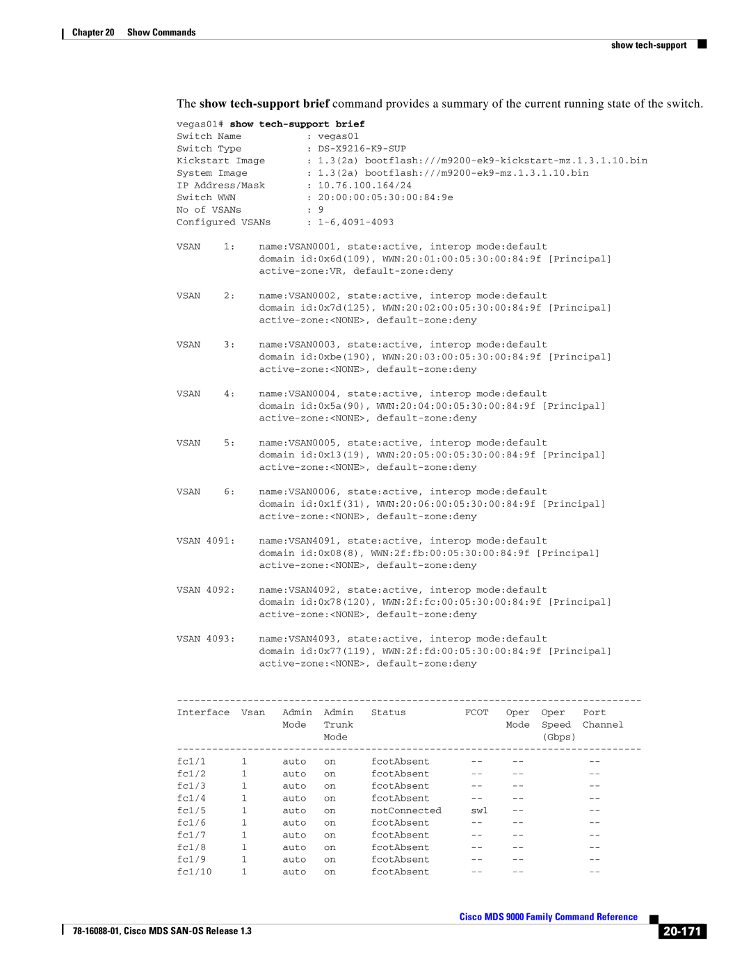 Cisco Systems MDS 9000 manual 20-171, Vegas01# show tech-support brief, Fcot 