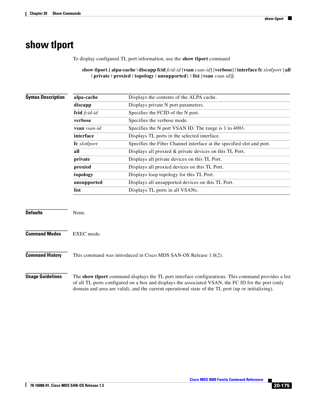 Cisco Systems MDS 9000 manual Show tlport, 20-175 