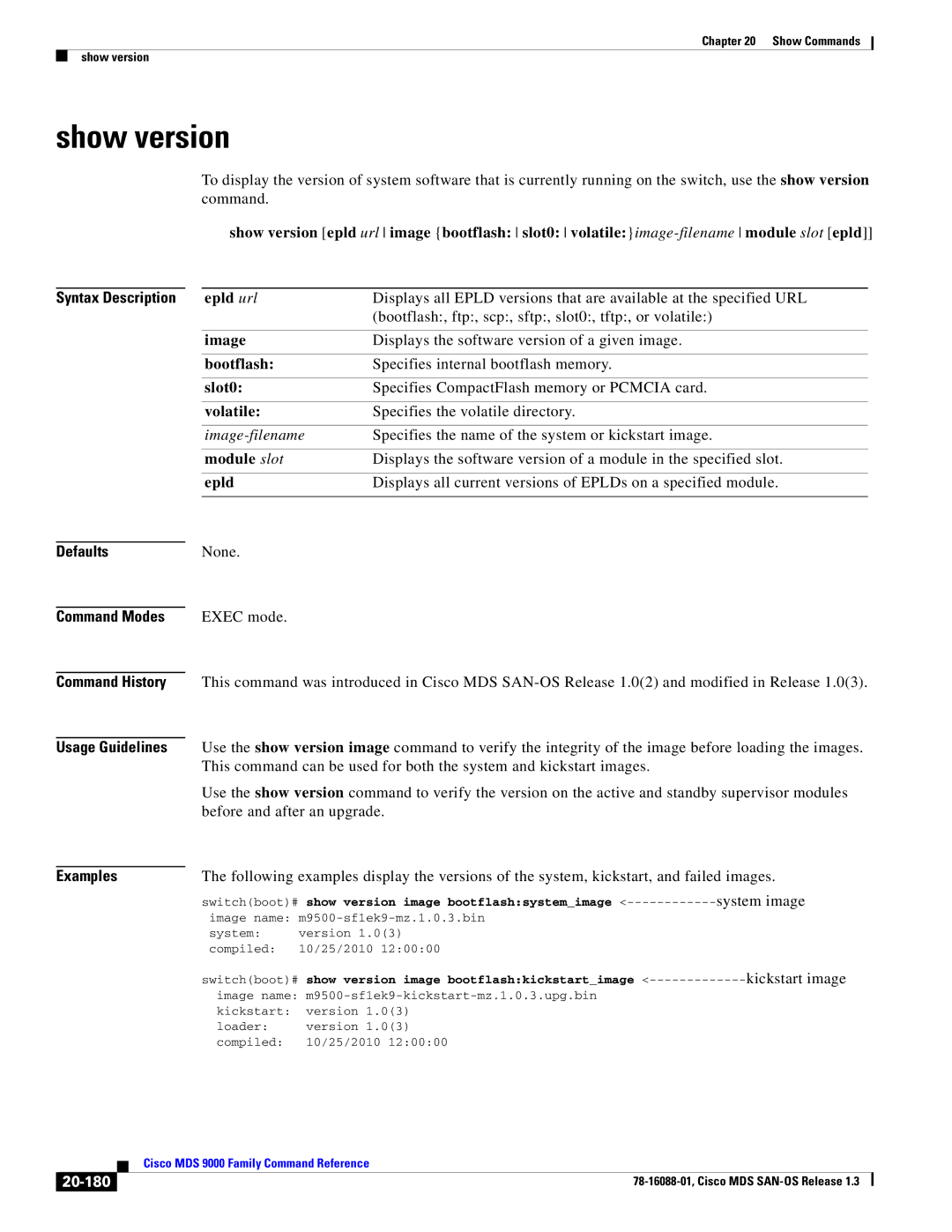 Cisco Systems MDS 9000 manual Show version, Epld url, Image, 20-180 