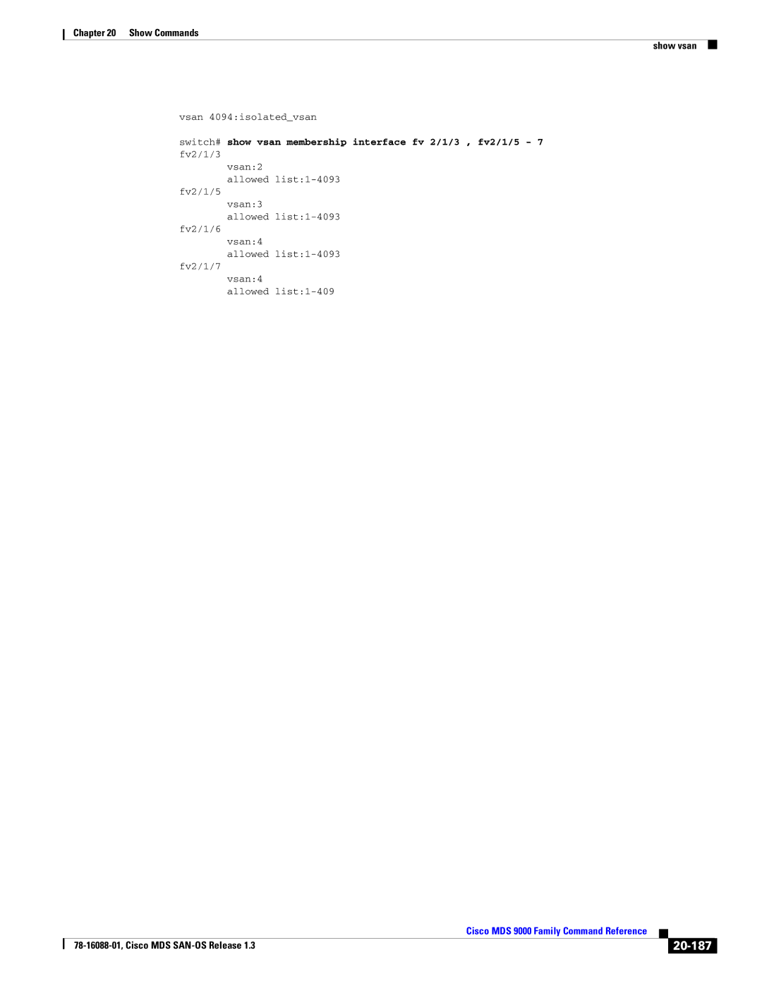 Cisco Systems MDS 9000 manual 20-187, Vsan 4094isolatedvsan 