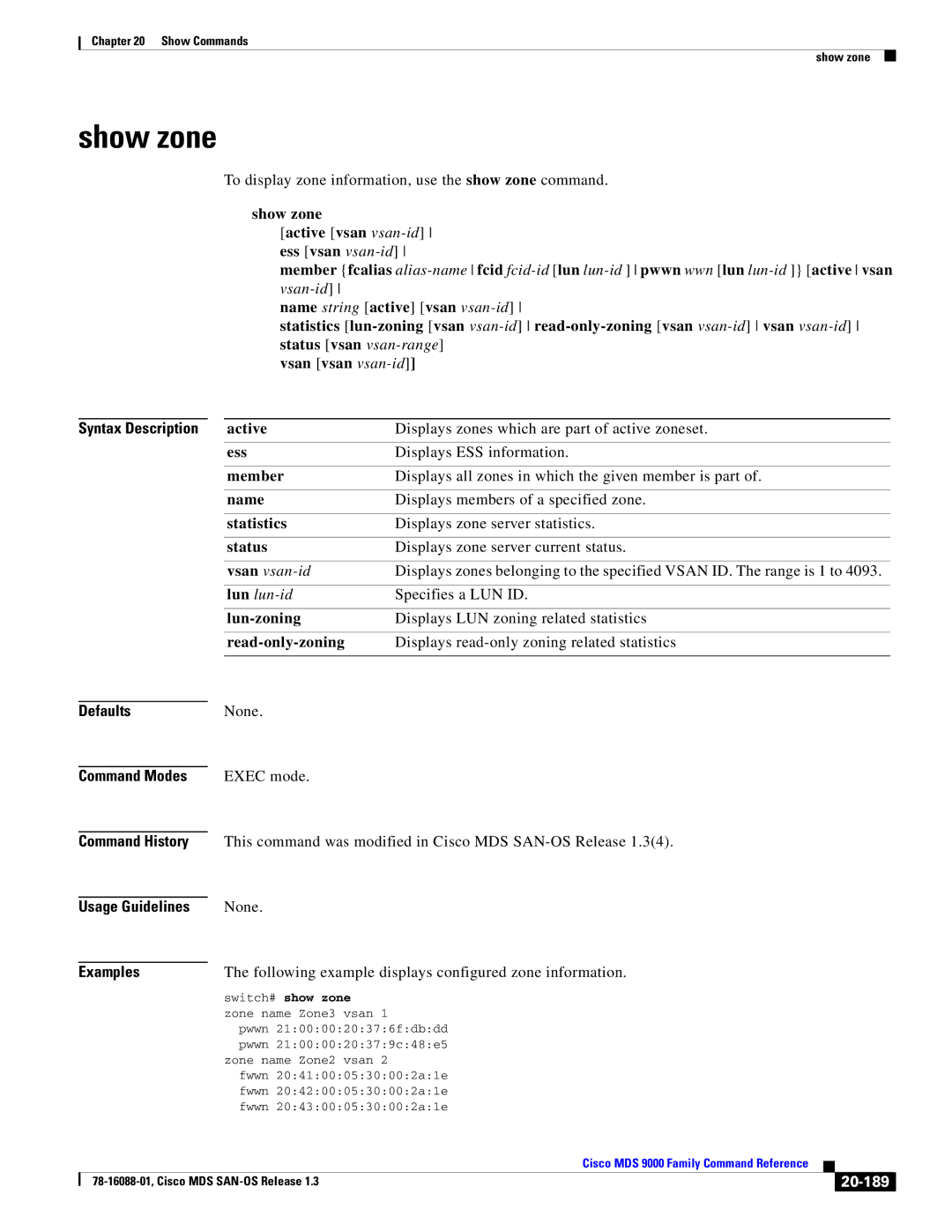 Cisco Systems MDS 9000 manual Show zone, 20-189 