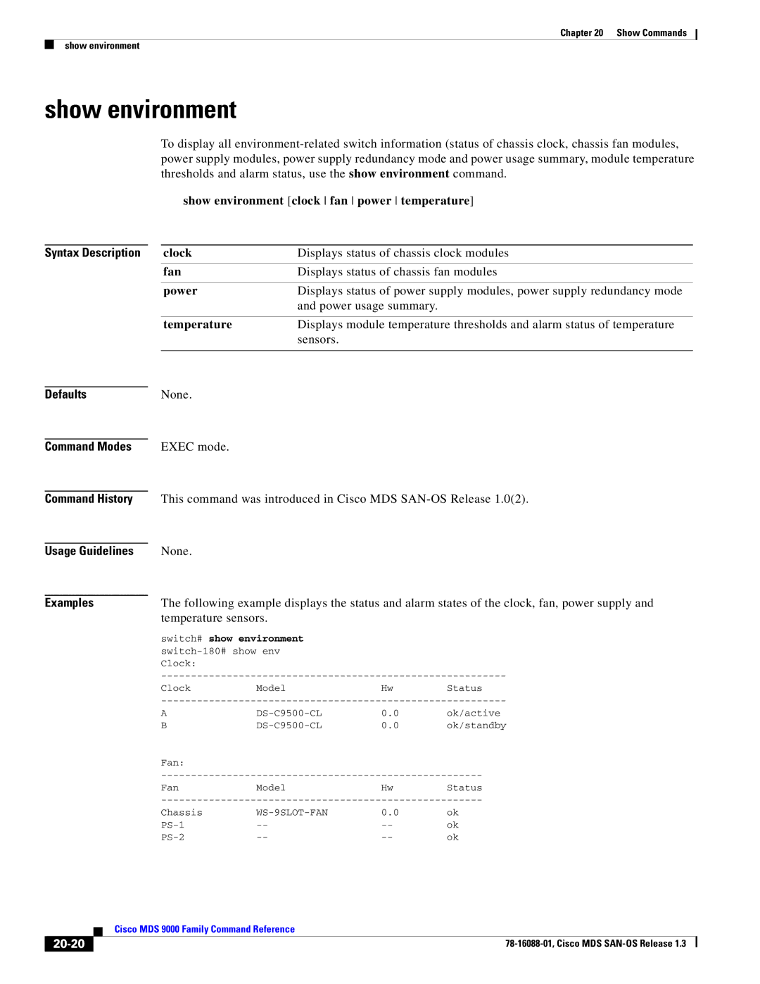 Cisco Systems MDS 9000 manual Show environment, 20-20 