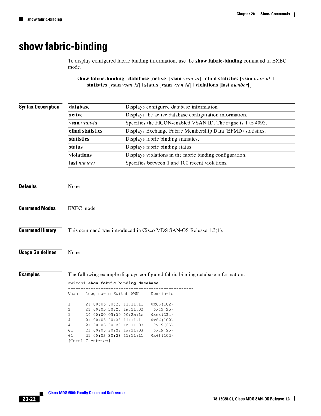 Cisco Systems MDS 9000 manual Show fabric-binding, 20-22 