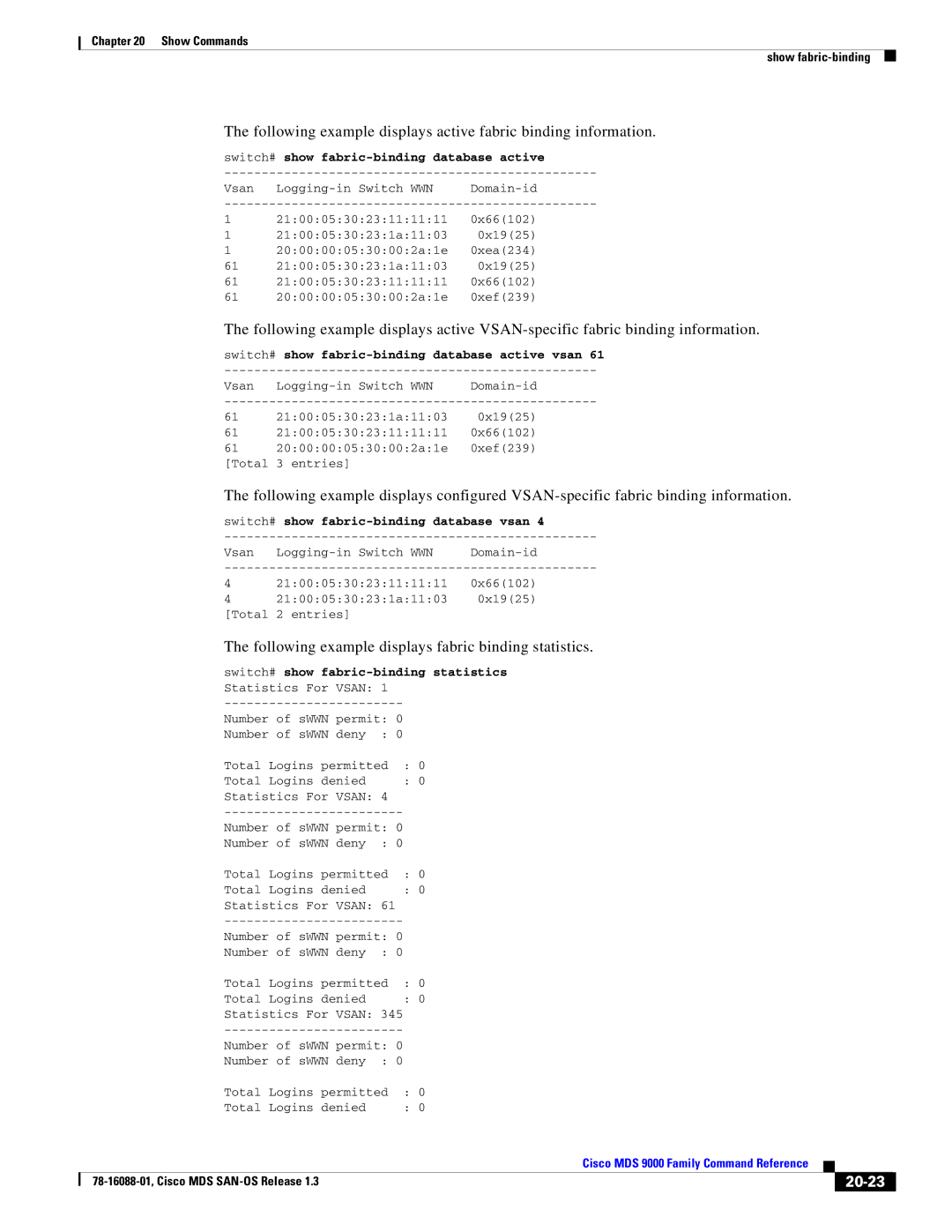 Cisco Systems MDS 9000 manual Following example displays fabric binding statistics, 20-23 