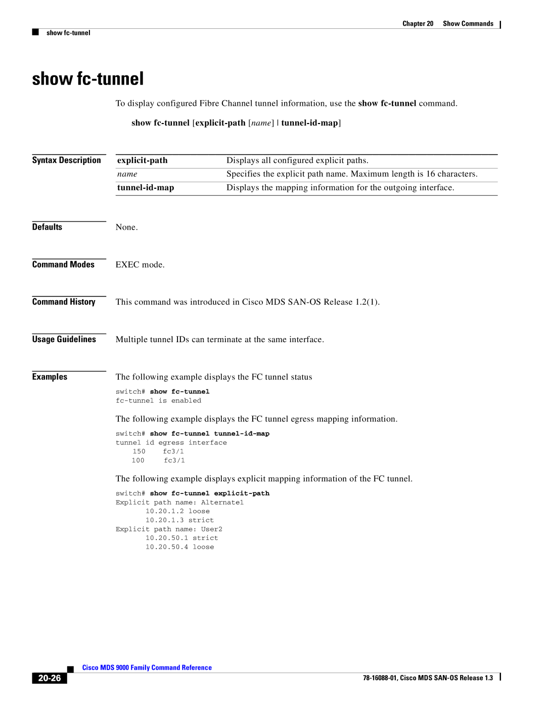 Cisco Systems MDS 9000 manual Show fc-tunnel explicit-path name tunnel-id-map, Explicit-path, Tunnel-id-map, 20-26 