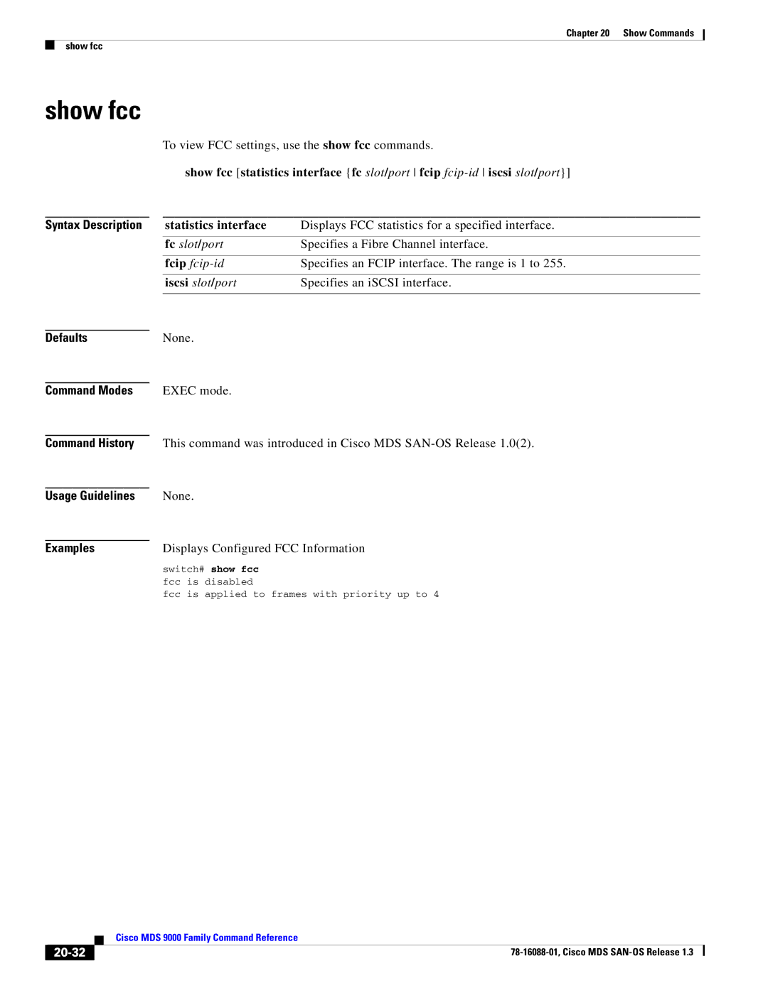 Cisco Systems MDS 9000 manual Show fcc, Statistics interface, 20-32 