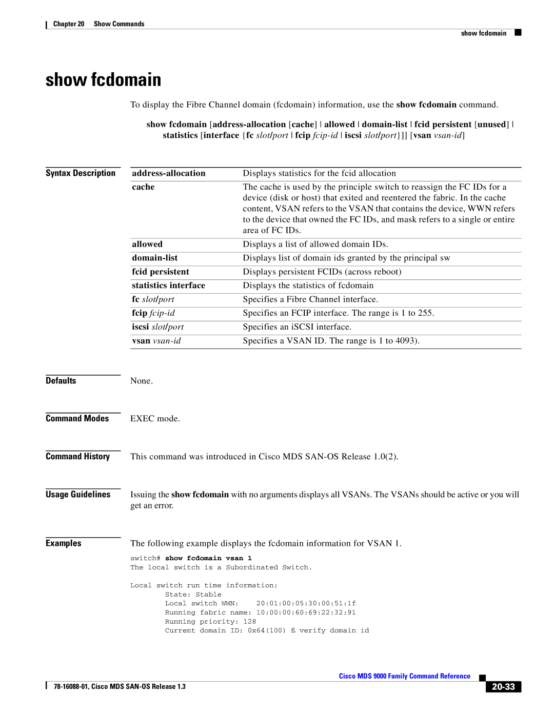 Cisco Systems MDS 9000 manual Show fcdomain, 20-33 