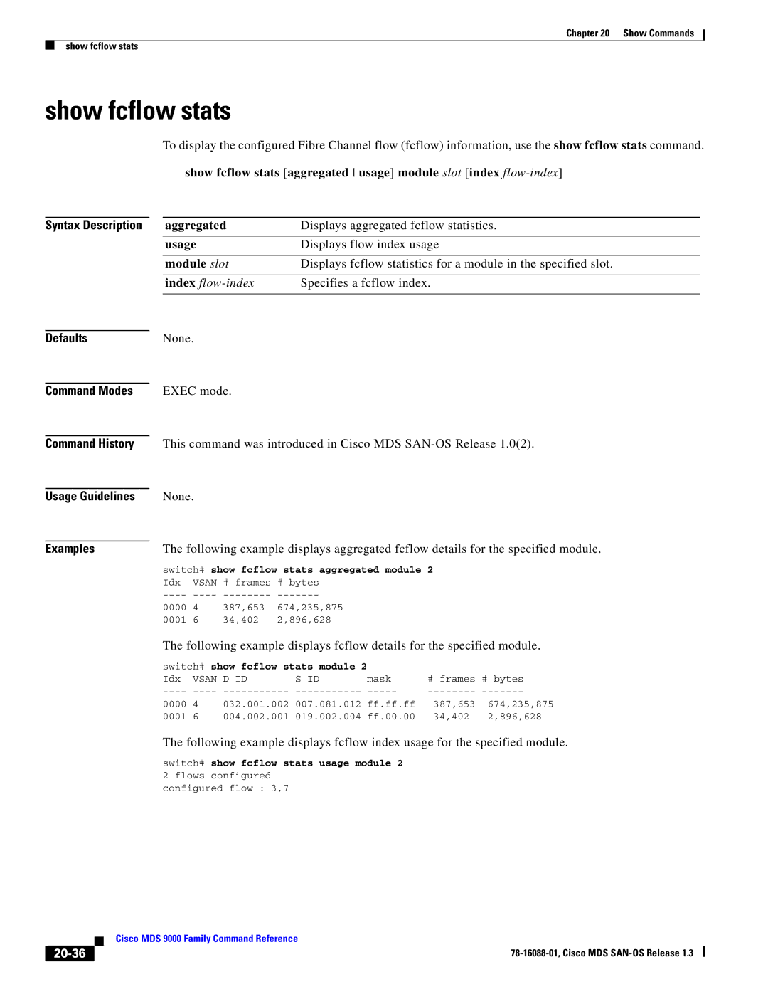 Cisco Systems MDS 9000 manual Show fcflow stats, Aggregated, Usage, Module slot, 20-36 