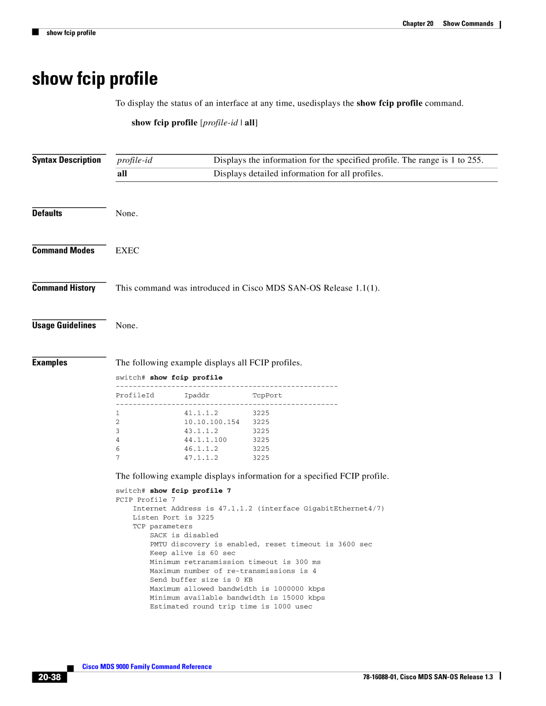 Cisco Systems MDS 9000 manual Show fcip profile profile-idall, All, 20-38 