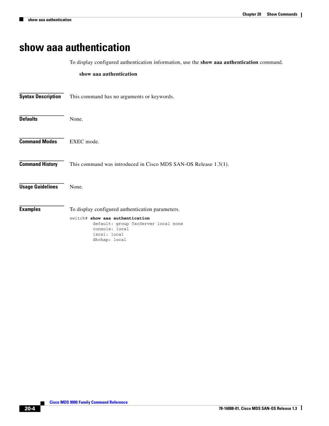 Cisco Systems MDS 9000 manual Show aaa authentication, 20-4 