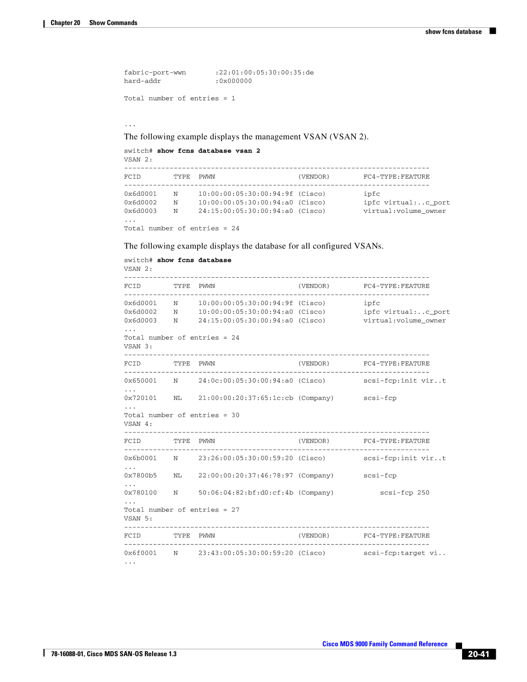 Cisco Systems MDS 9000 manual Following example displays the management Vsan Vsan, 20-41, Switch# show fcns database vsan 