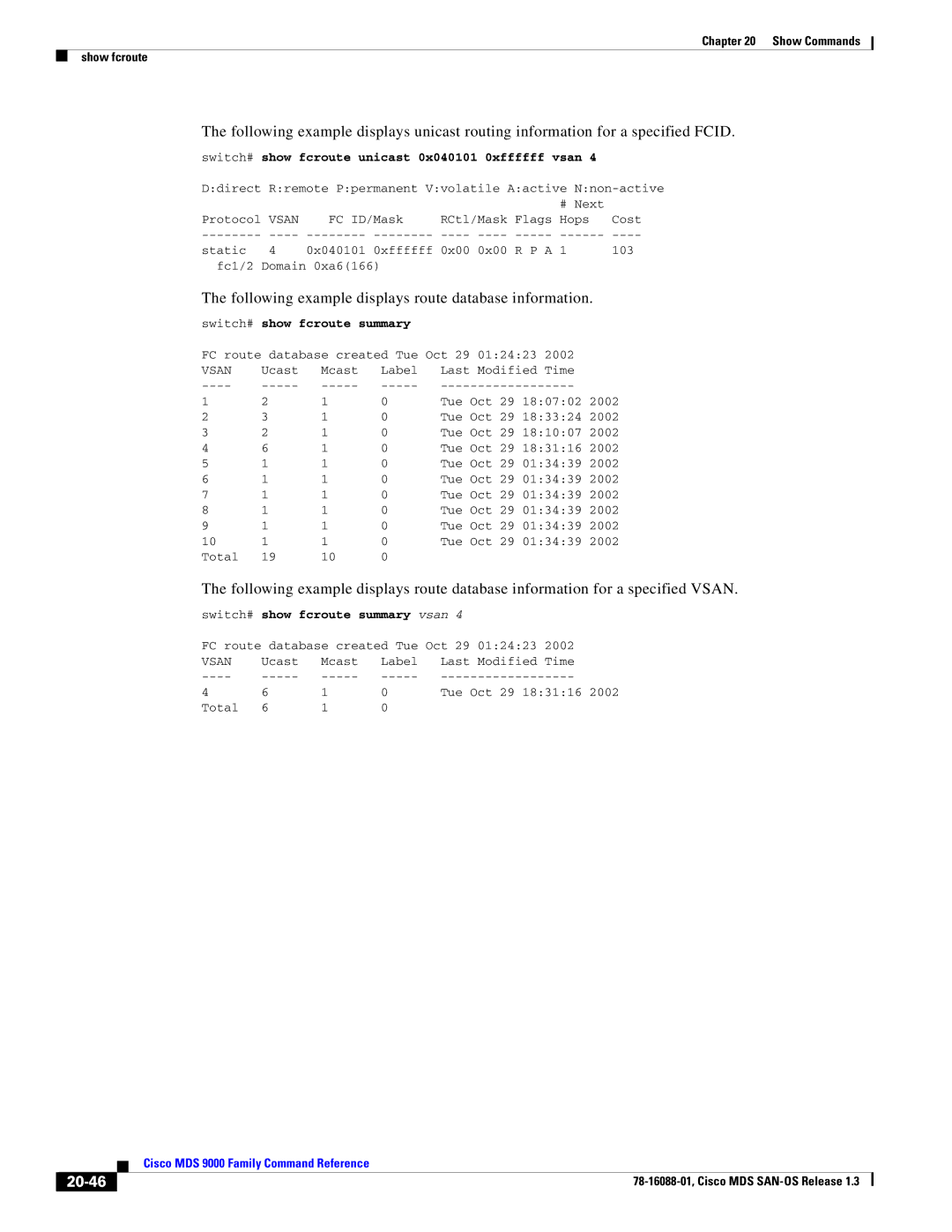 Cisco Systems MDS 9000 manual Following example displays route database information, 20-46, Switch# show fcroute summary 