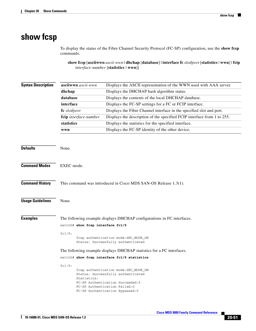 Cisco Systems MDS 9000 manual Show fcsp, 20-51 