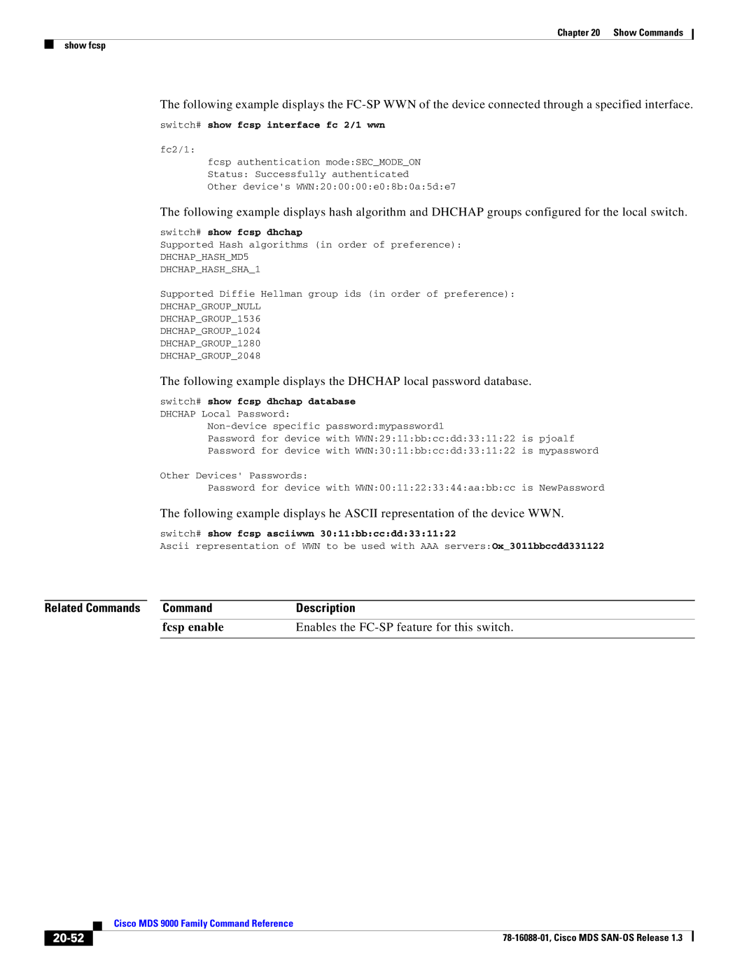 Cisco Systems MDS 9000 manual Fcsp enable Enables the FC-SP feature for this switch, 20-52 