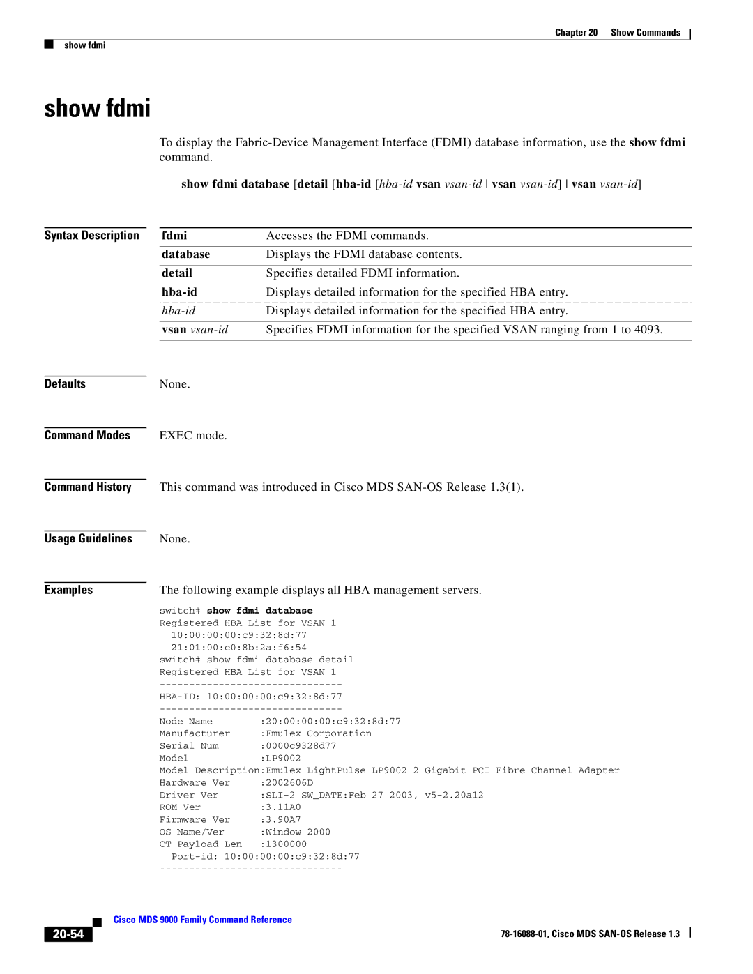 Cisco Systems MDS 9000 manual Show fdmi, Fdmi, Hba-id, 20-54 