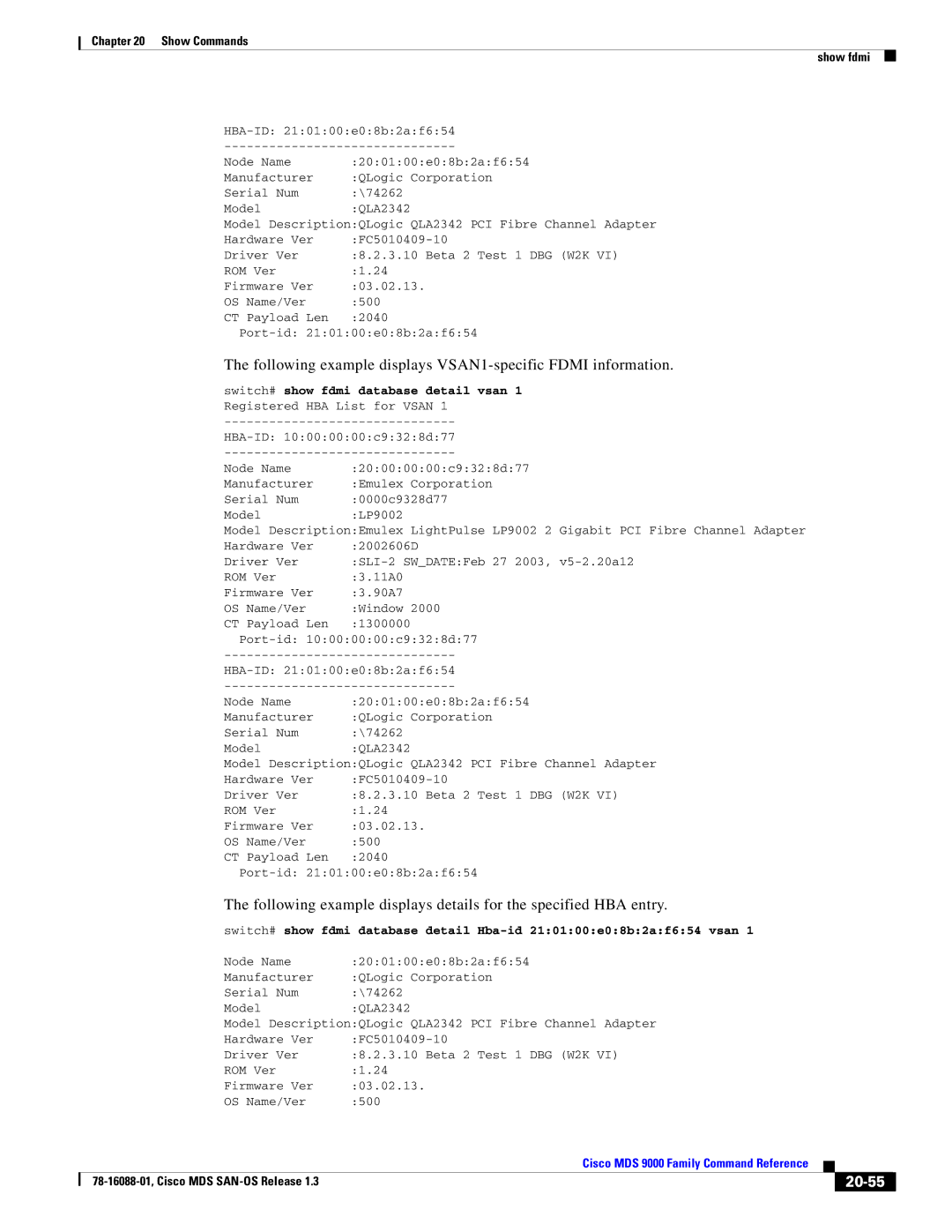 Cisco Systems MDS 9000 manual Following example displays VSAN1-specific Fdmi information, 20-55 