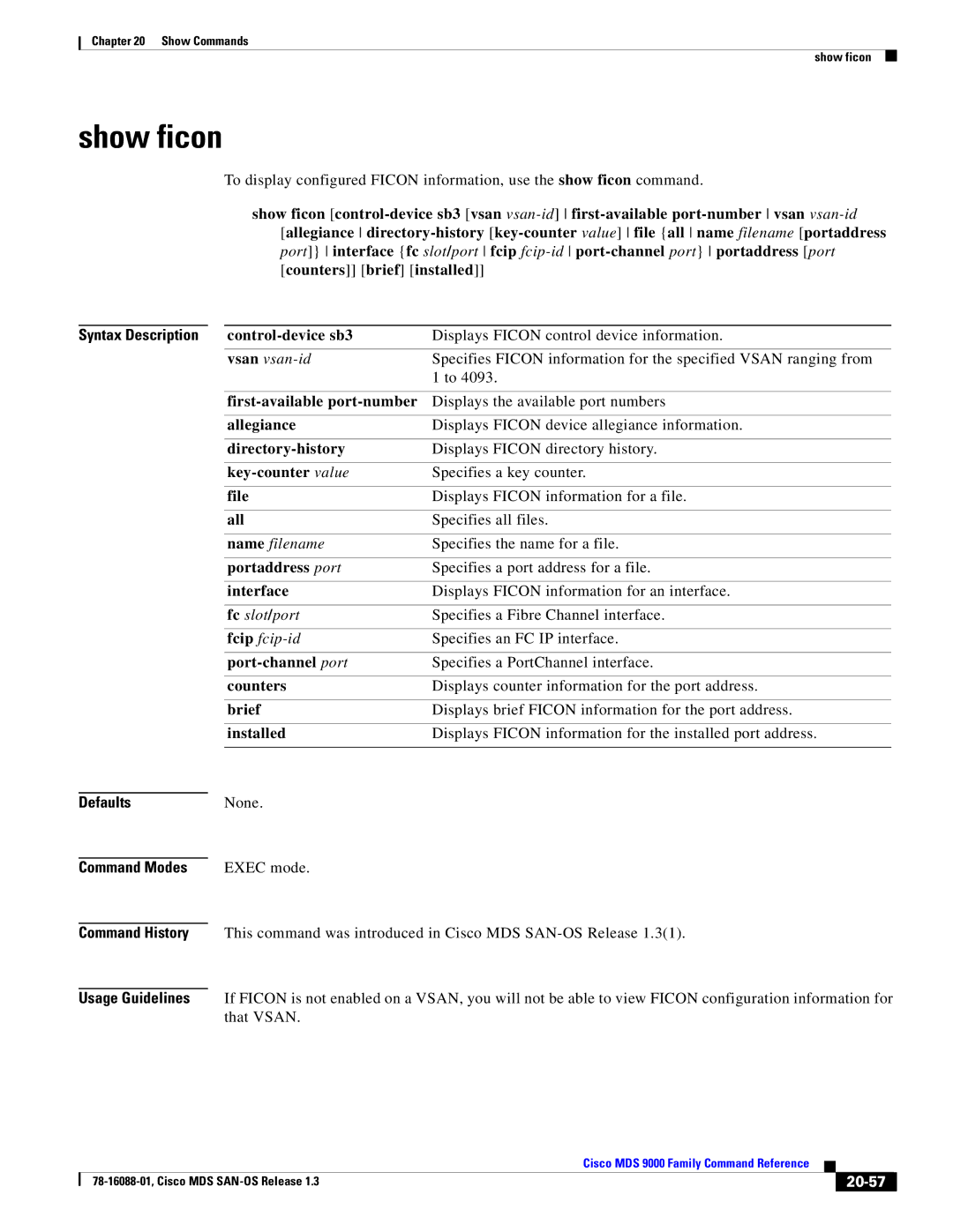 Cisco Systems MDS 9000 manual Show ficon, 20-57 