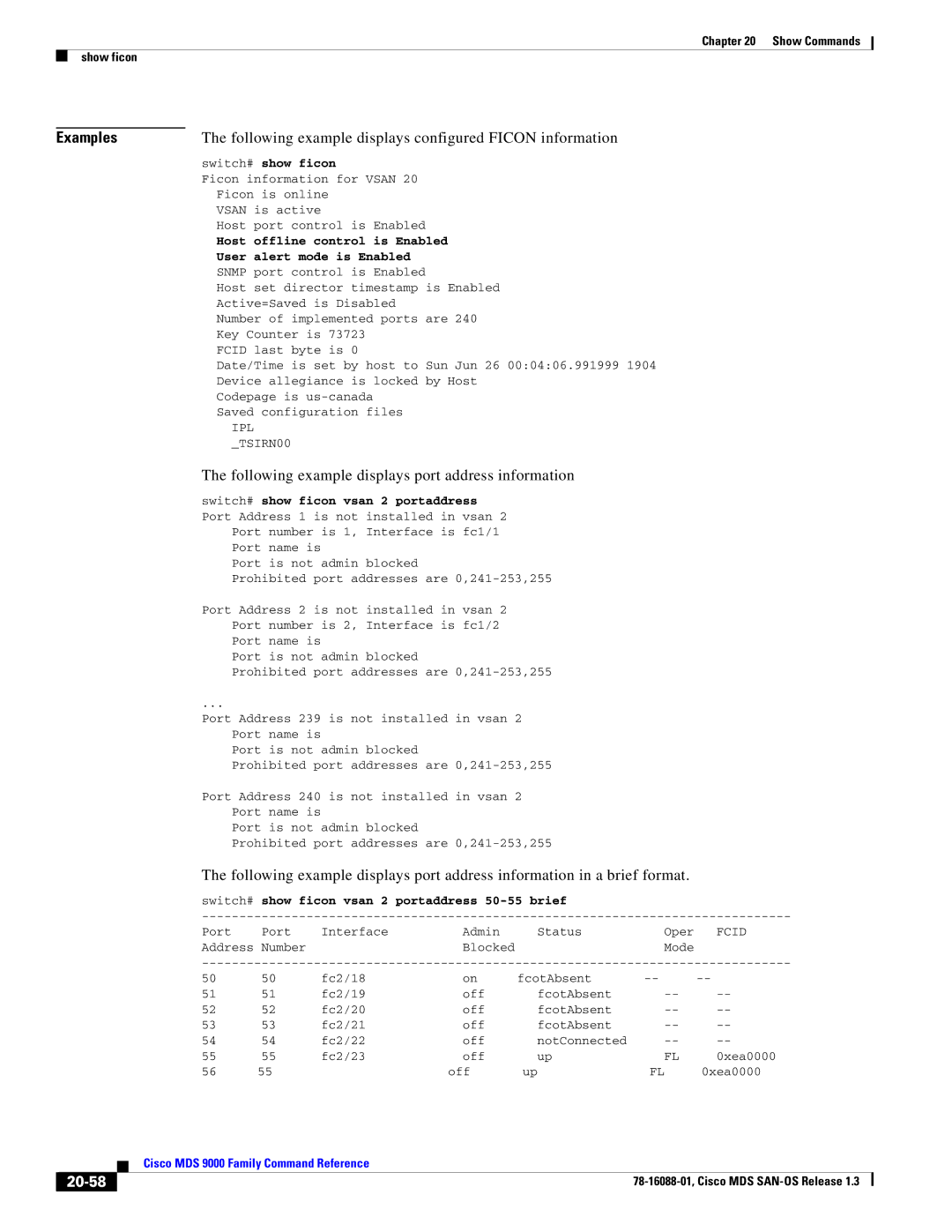 Cisco Systems MDS 9000 manual Following example displays configured Ficon information, 20-58 