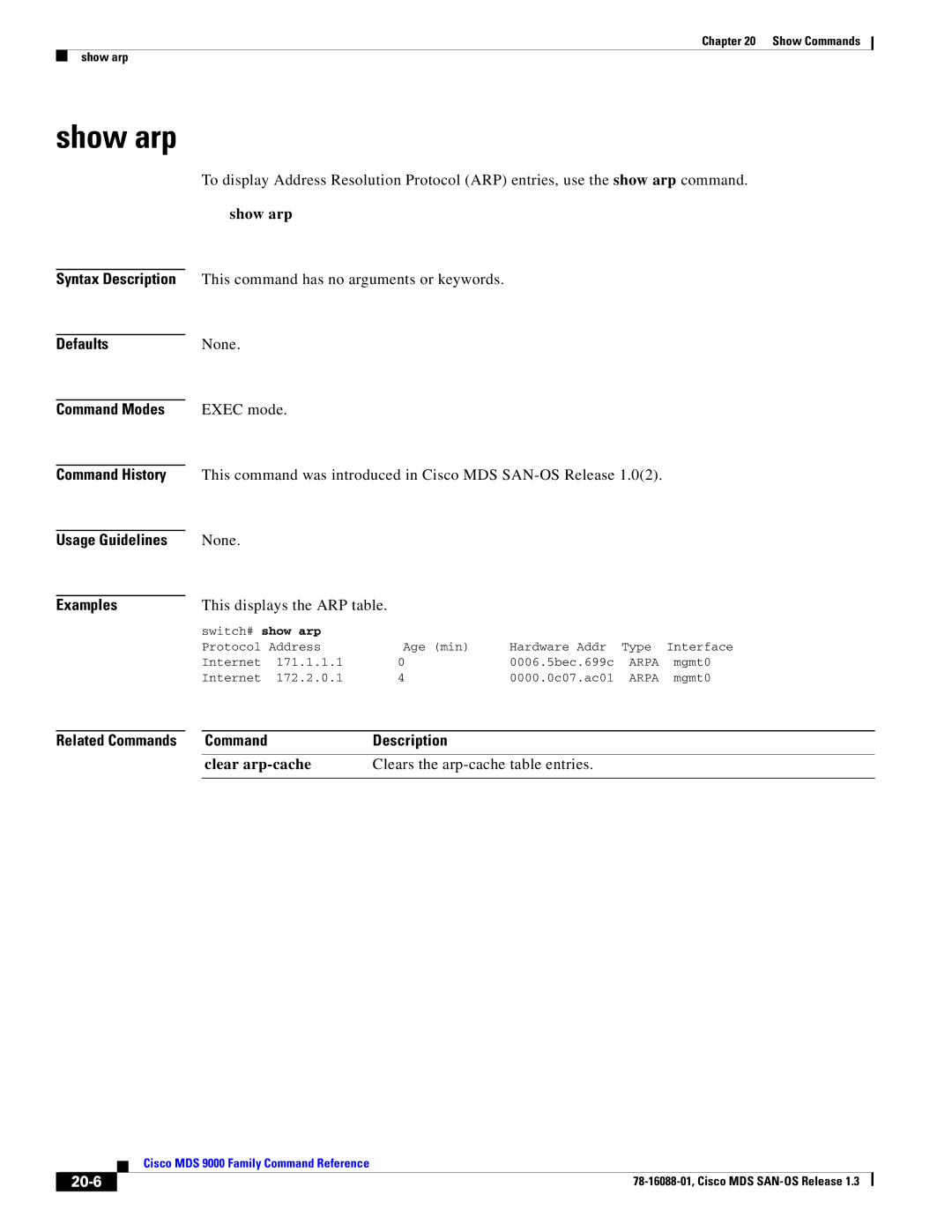 Cisco Systems MDS 9000 manual Show arp, Exec mode, Clear arp-cache, 20-6 