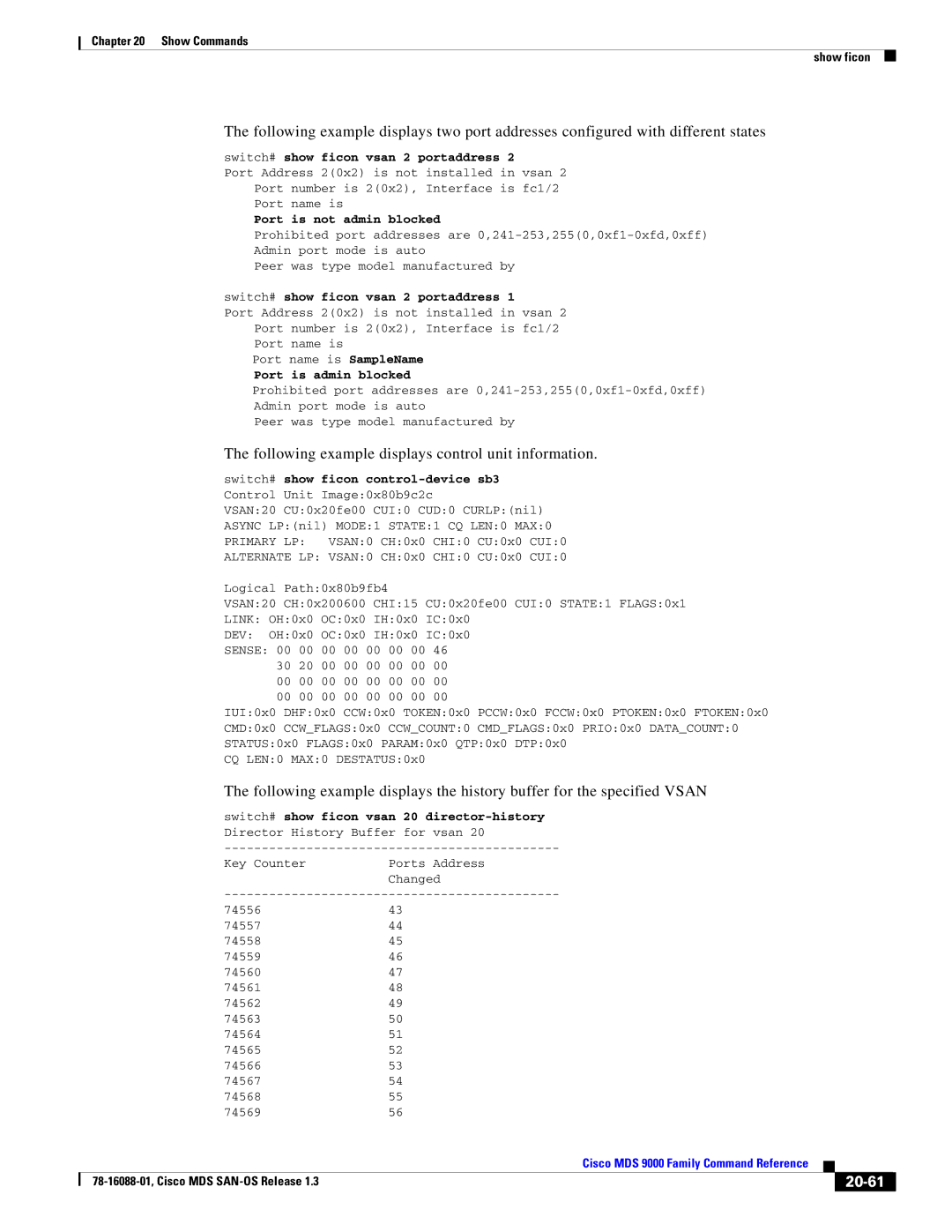 Cisco Systems MDS 9000 Following example displays control unit information, 20-61, Switch# show ficon vsan 2 portaddress 