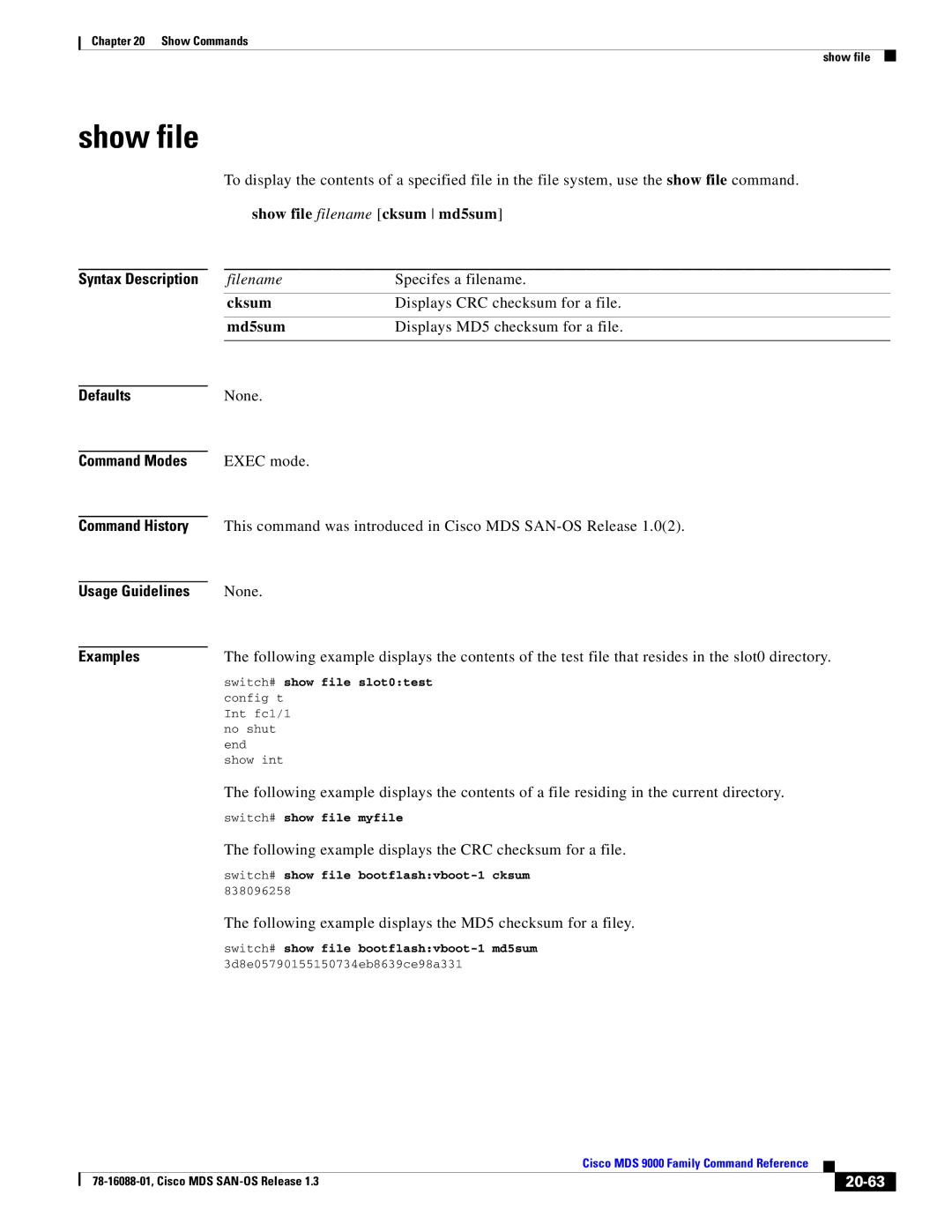 Cisco Systems MDS 9000 manual Show file filename cksum md5sum, Cksum, Md5sum, 20-63 