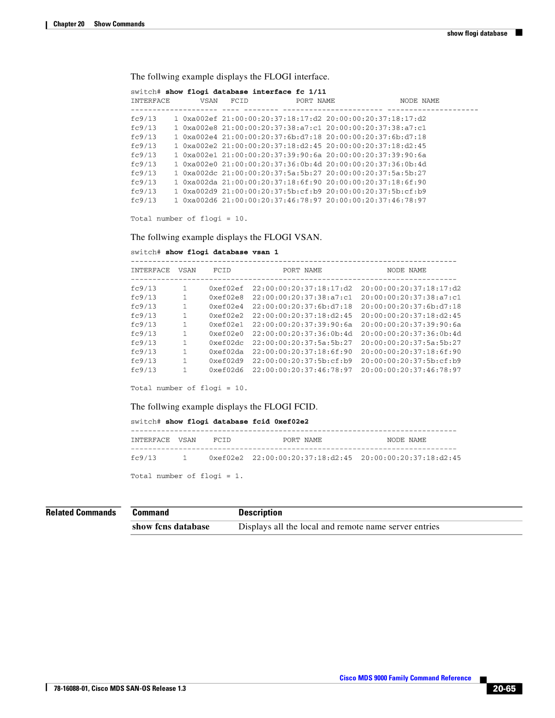 Cisco Systems MDS 9000 Follwing example displays the Flogi interface, Follwing example displays the Flogi Vsan, 20-65 