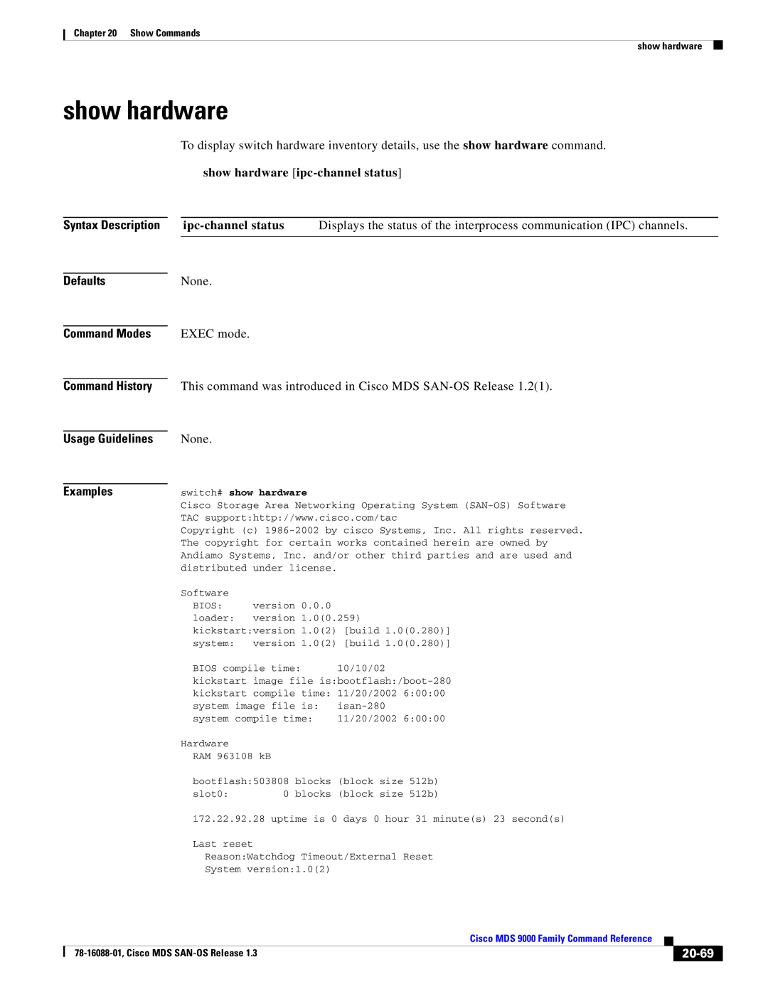 Cisco Systems MDS 9000 manual Show hardware, Ipc-channel status, 20-69, Switch# show hardware, Bios 