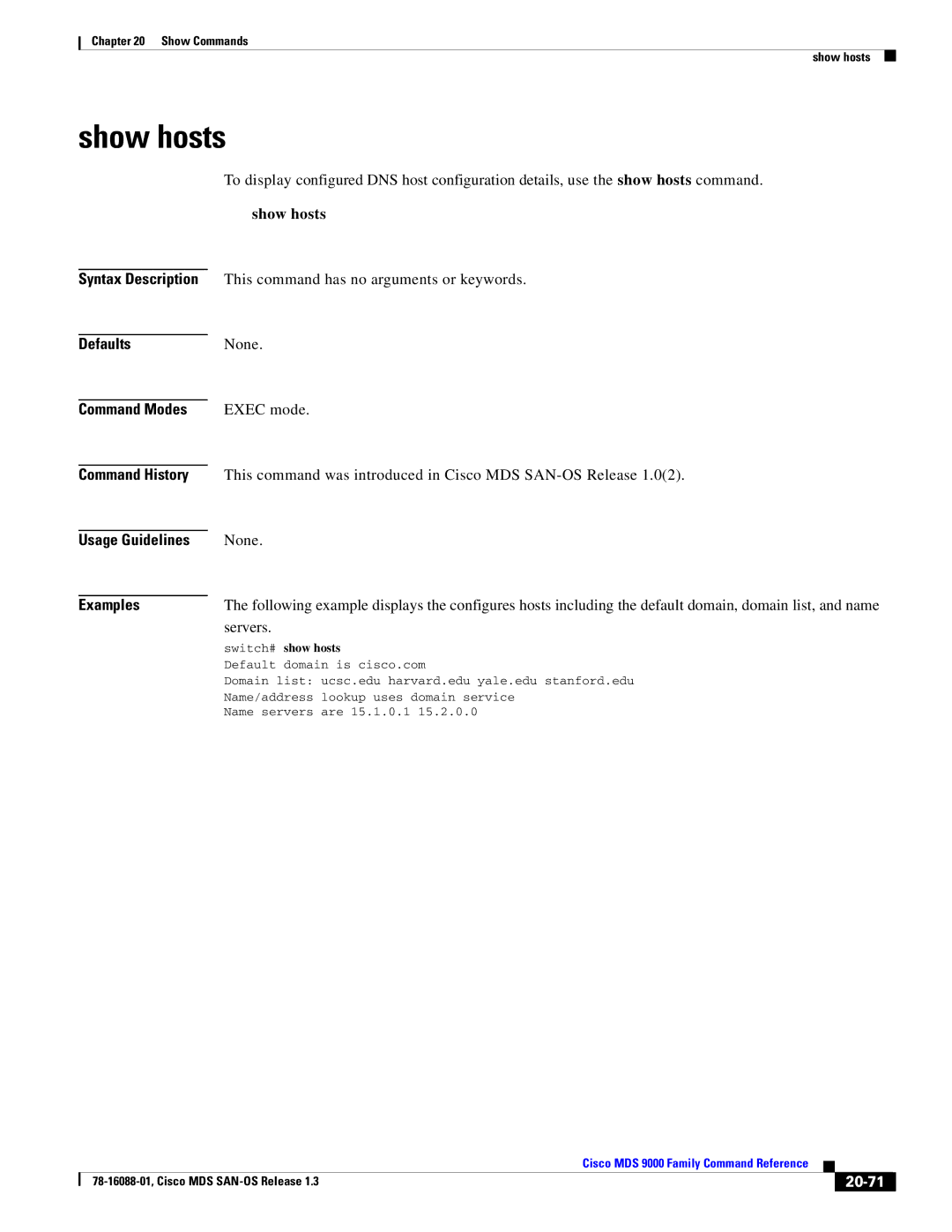 Cisco Systems MDS 9000 manual Show hosts, Servers, 20-71 