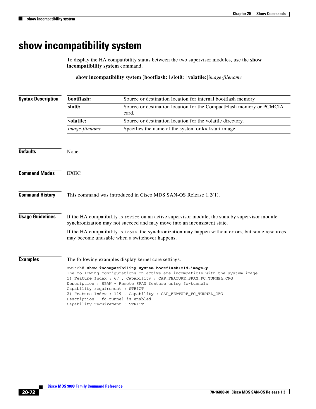 Cisco Systems MDS 9000 manual Show incompatibility system, Bootflash, Slot0, Volatile, 20-72 