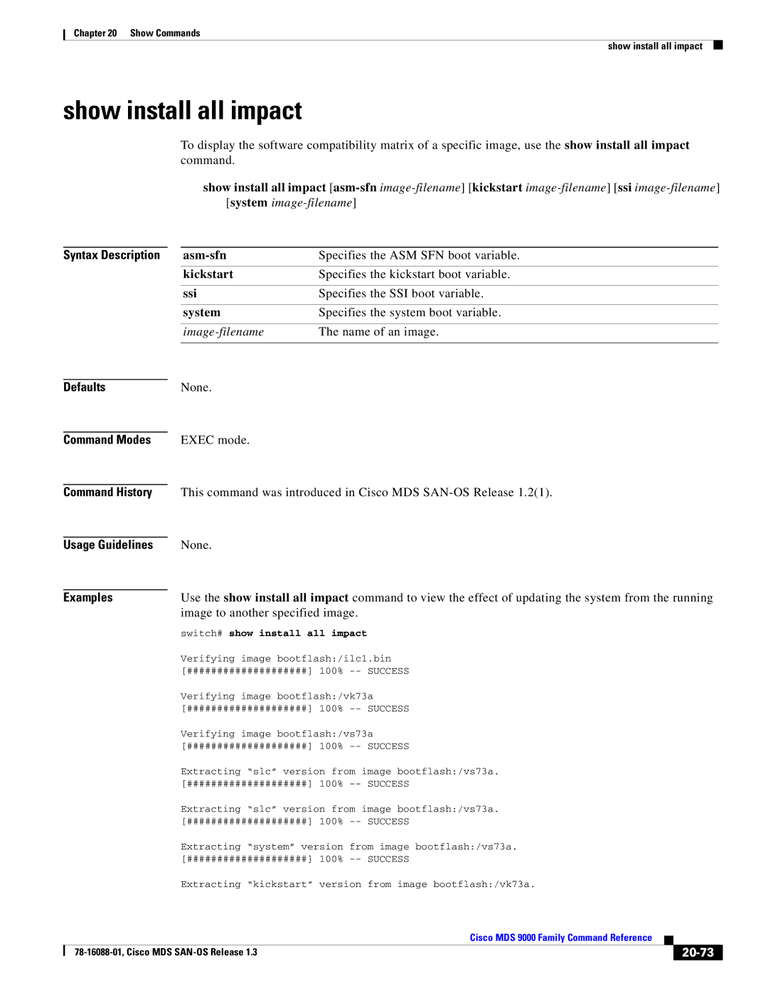 Cisco Systems MDS 9000 manual Show install all impact, 20-73 