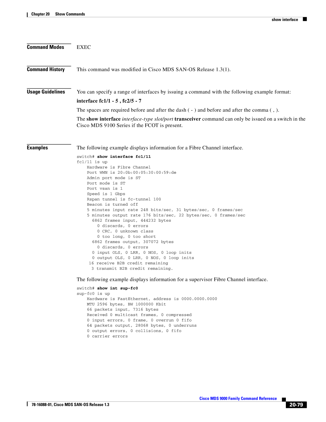 Cisco Systems MDS 9000 manual Interface fc1/1 5 , fc2/5, 20-79, Switch# show interface fc1/11 fc1/11 is up 