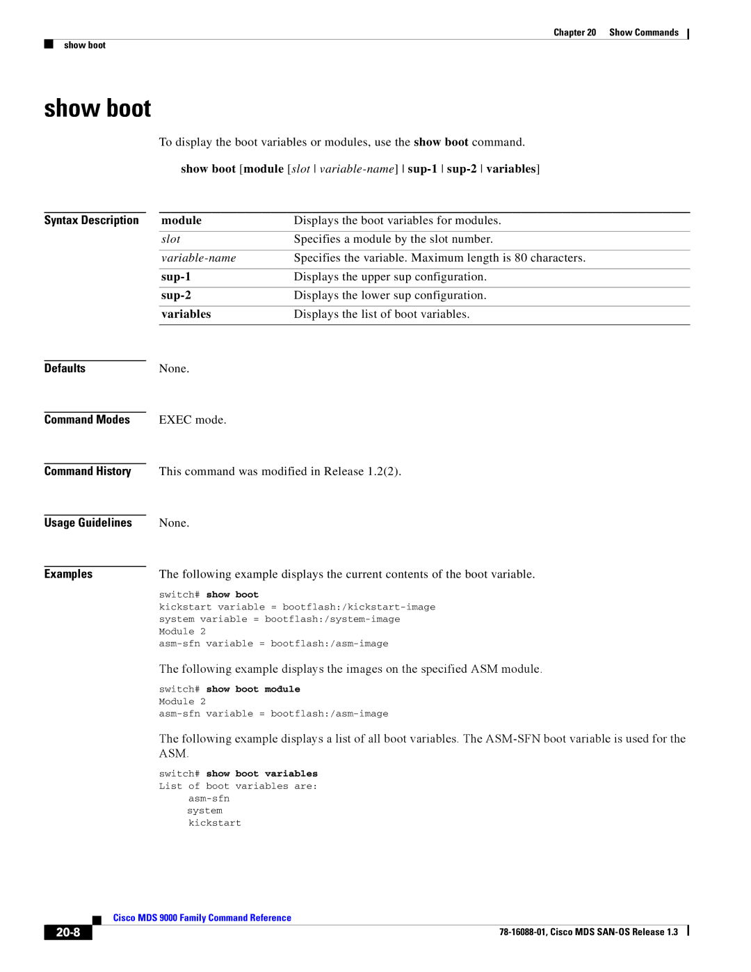 Cisco Systems MDS 9000 manual Show boot, 20-8 