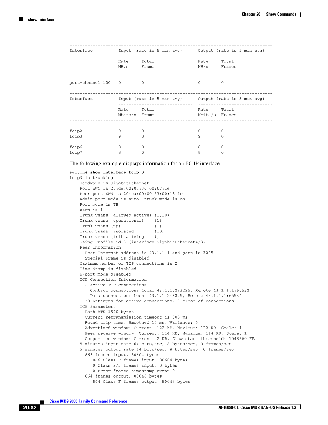 Cisco Systems MDS 9000 manual 20-82, Switch# show interface fcip, Class F frames output, 80048 bytes 