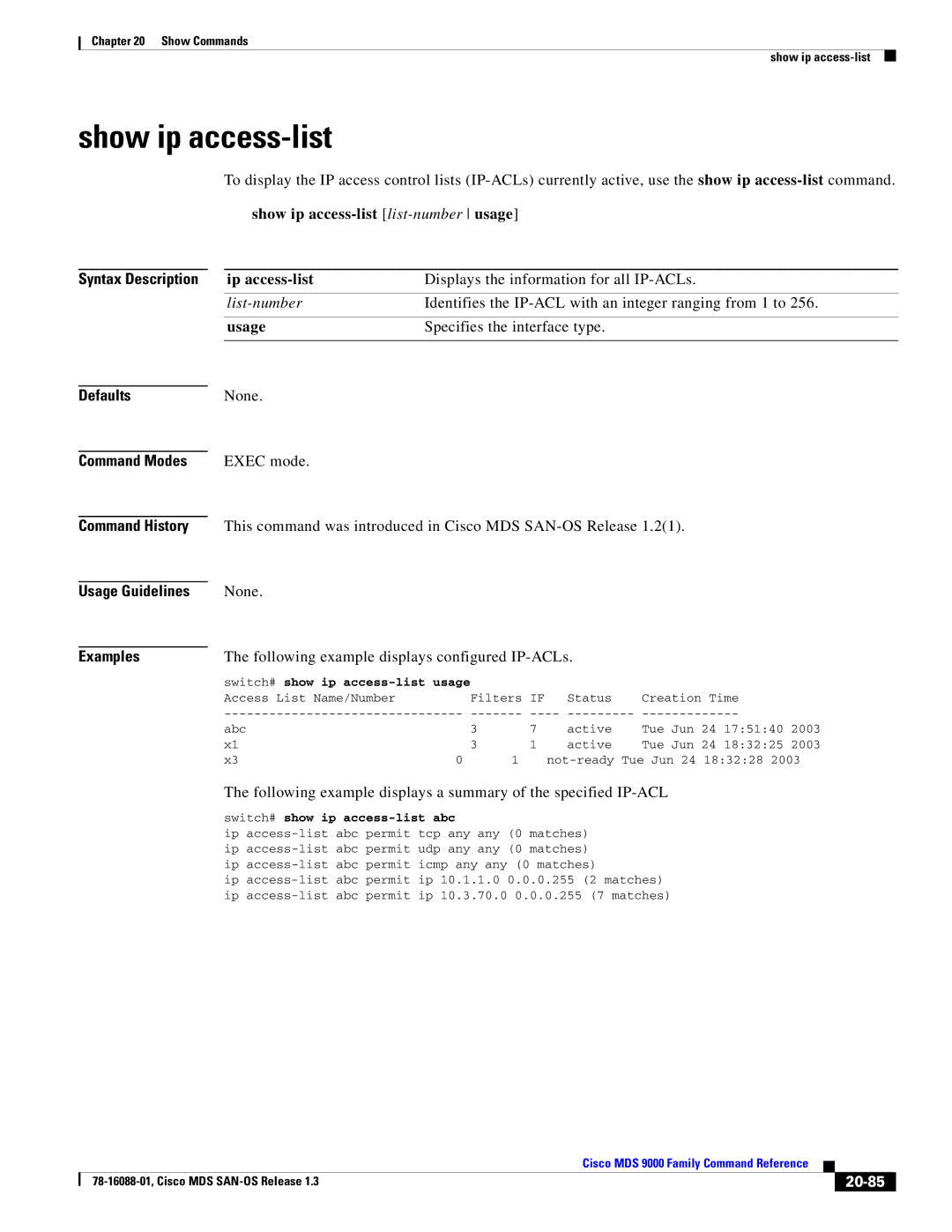 Cisco Systems MDS 9000 manual Show ip access-list list-numberusage, Ip access-list, 20-85 