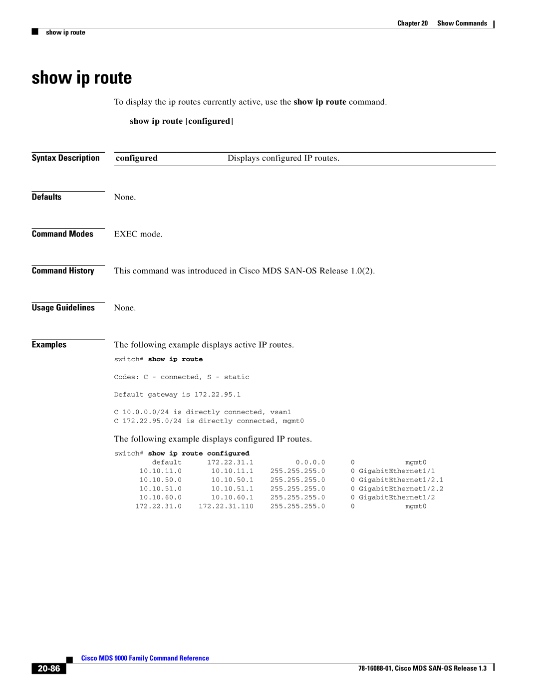 Cisco Systems MDS 9000 manual Show ip route, Configured, 20-86 