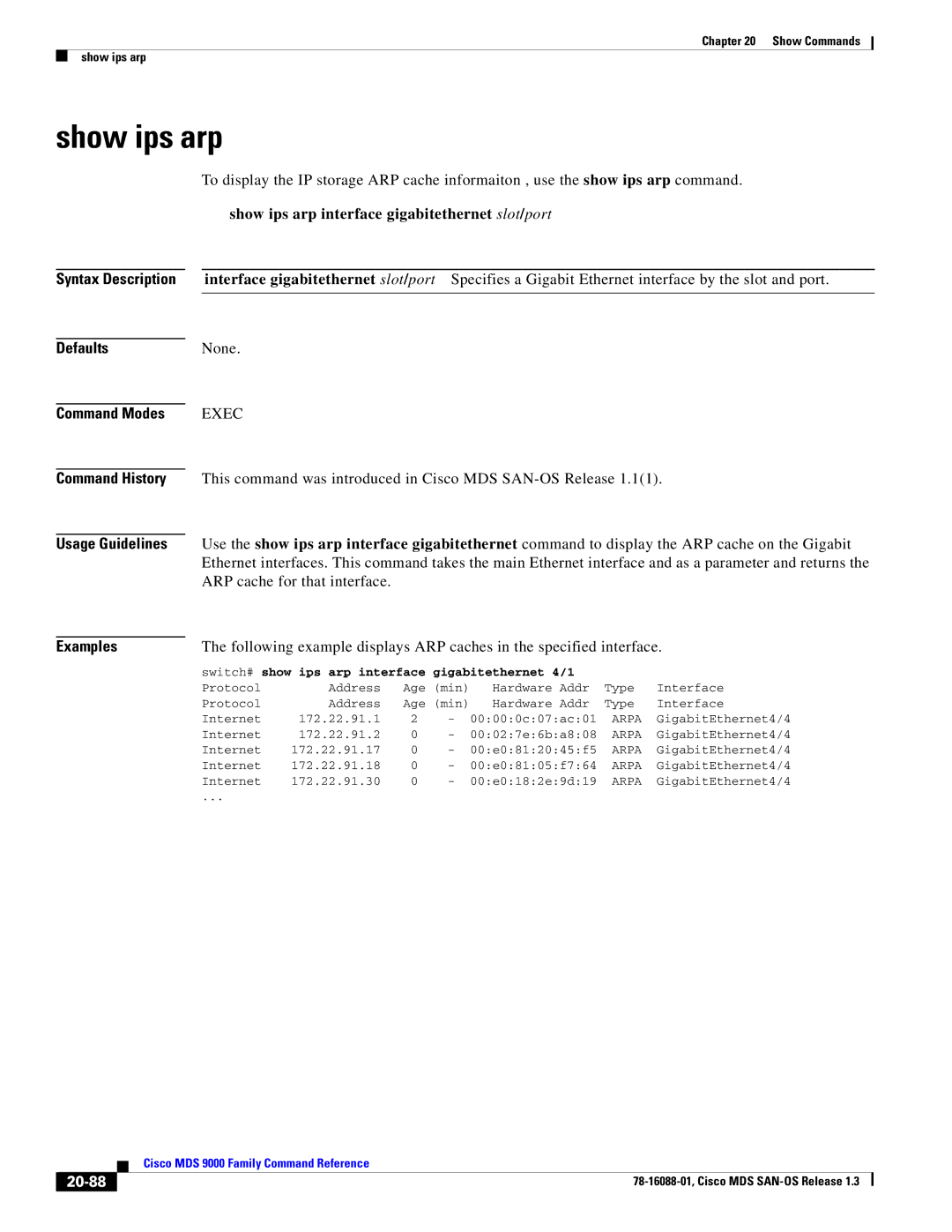 Cisco Systems MDS 9000 manual Show ips arp interface gigabitethernet slot/port, 20-88 