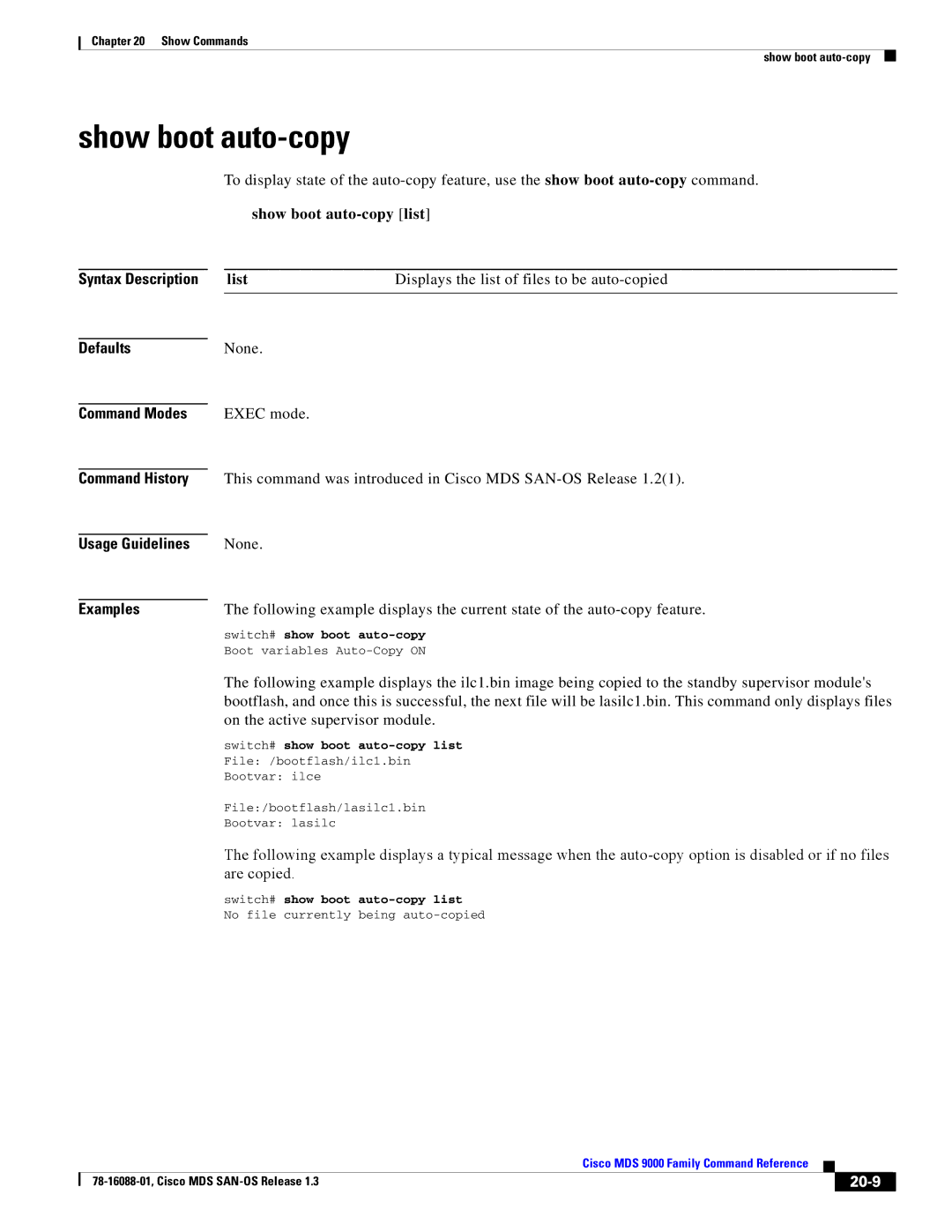 Cisco Systems MDS 9000 manual Show boot auto-copy list, List, Displays the list of files to be auto-copied, 20-9 