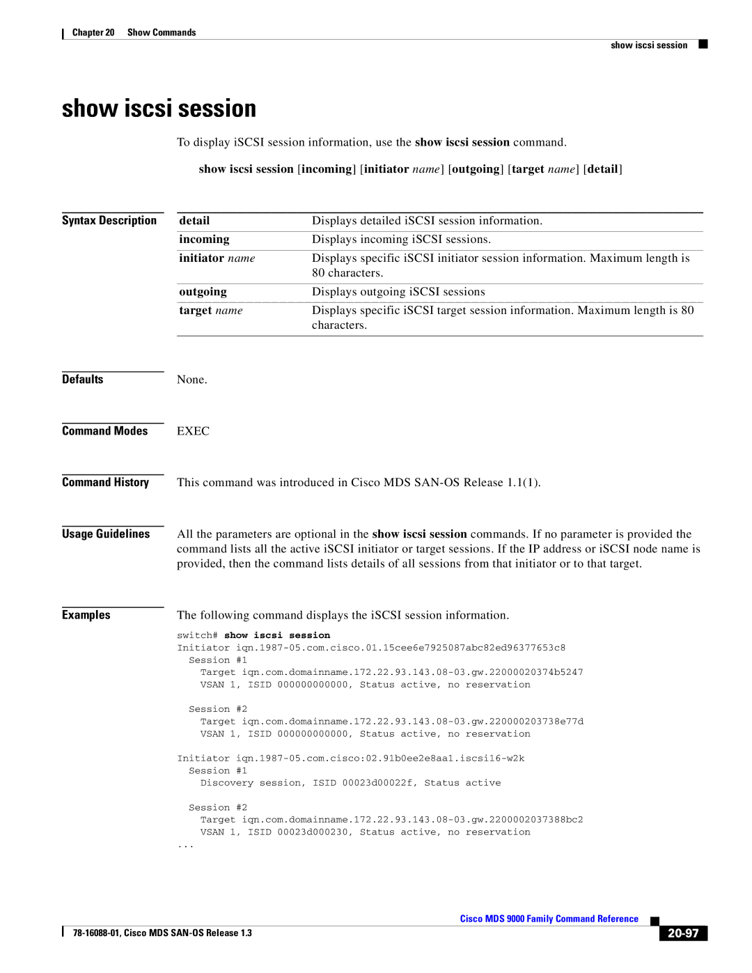 Cisco Systems MDS 9000 manual Show iscsi session, 20-97 