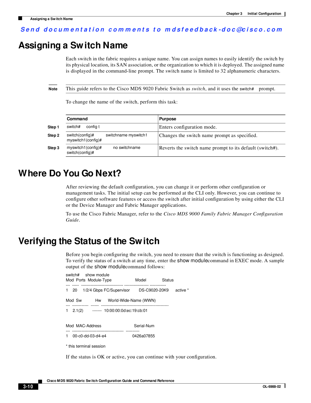 Cisco Systems MDS 9020 manual Assigning a Switch Name, Where Do You Go Next?, Verifying the Status of the Switch 