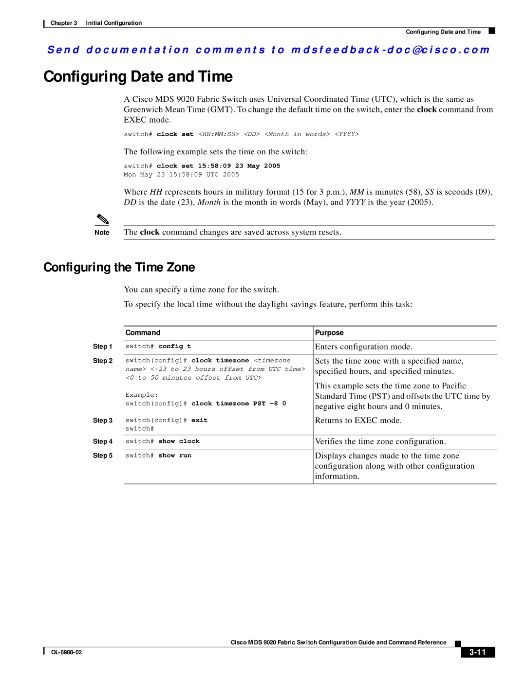 Cisco Systems MDS 9020 manual Configuring Date and Time, Configuring the Time Zone 