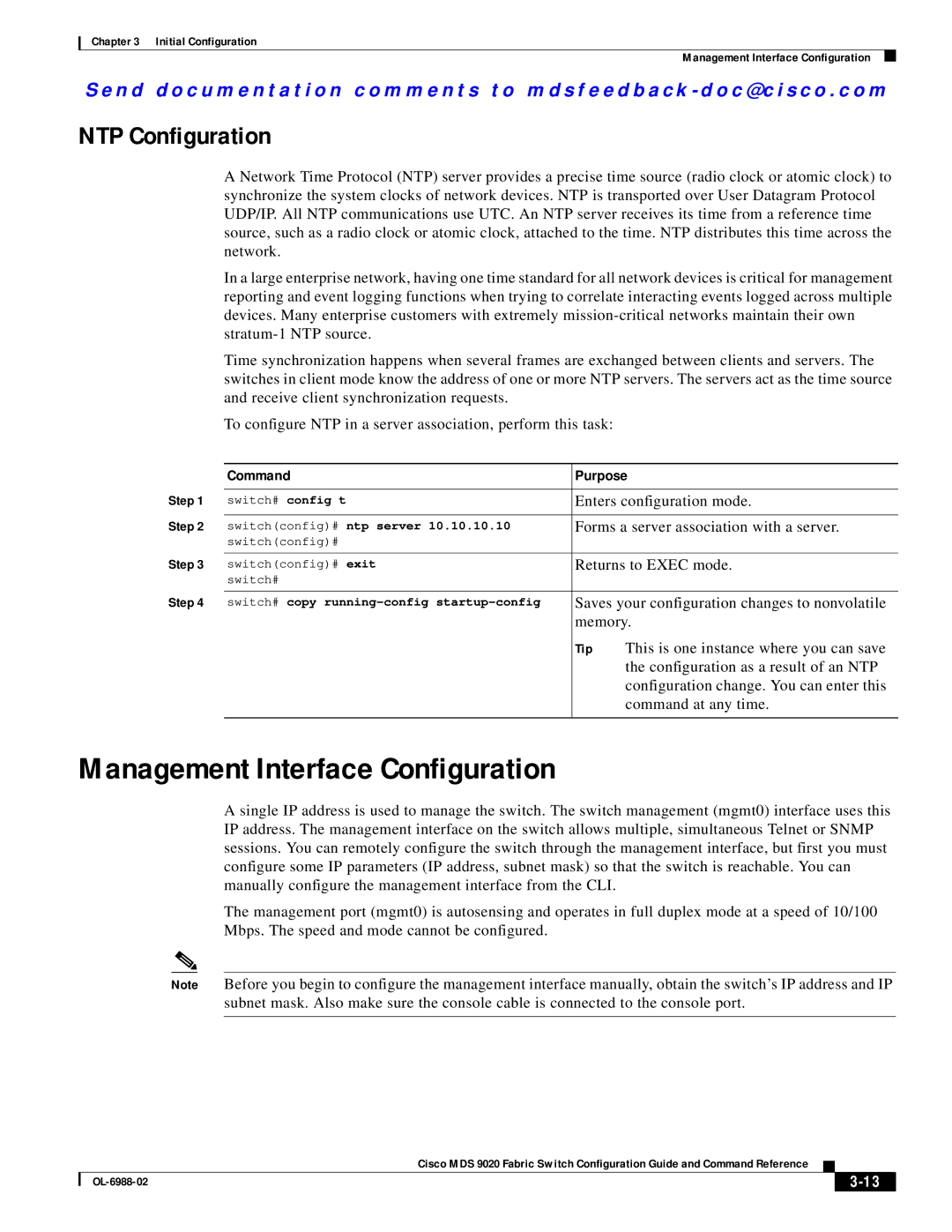 Cisco Systems MDS 9020 manual Management Interface Configuration, NTP Configuration 