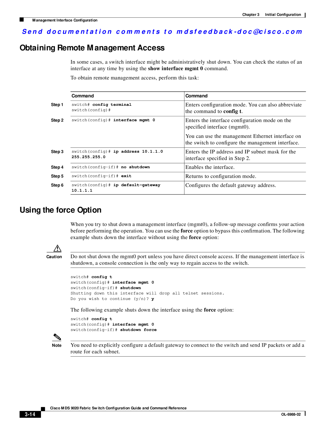 Cisco Systems MDS 9020 manual Obtaining Remote Management Access, Using the force Option 