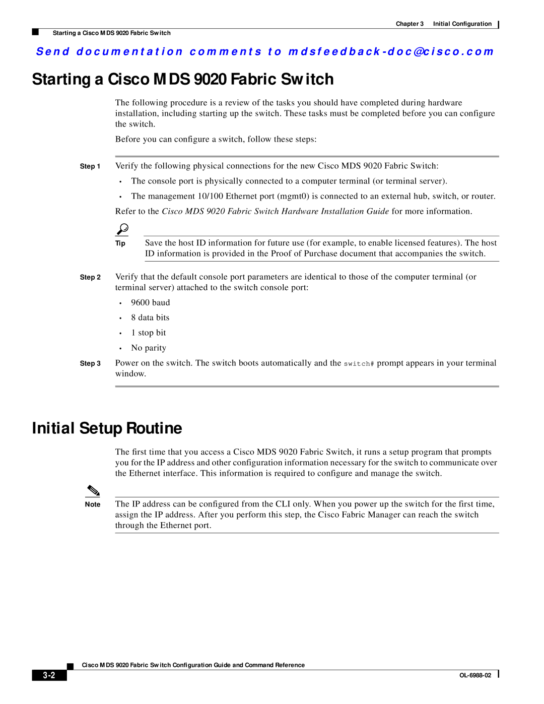 Cisco Systems manual Starting a Cisco MDS 9020 Fabric Switch, Initial Setup Routine 