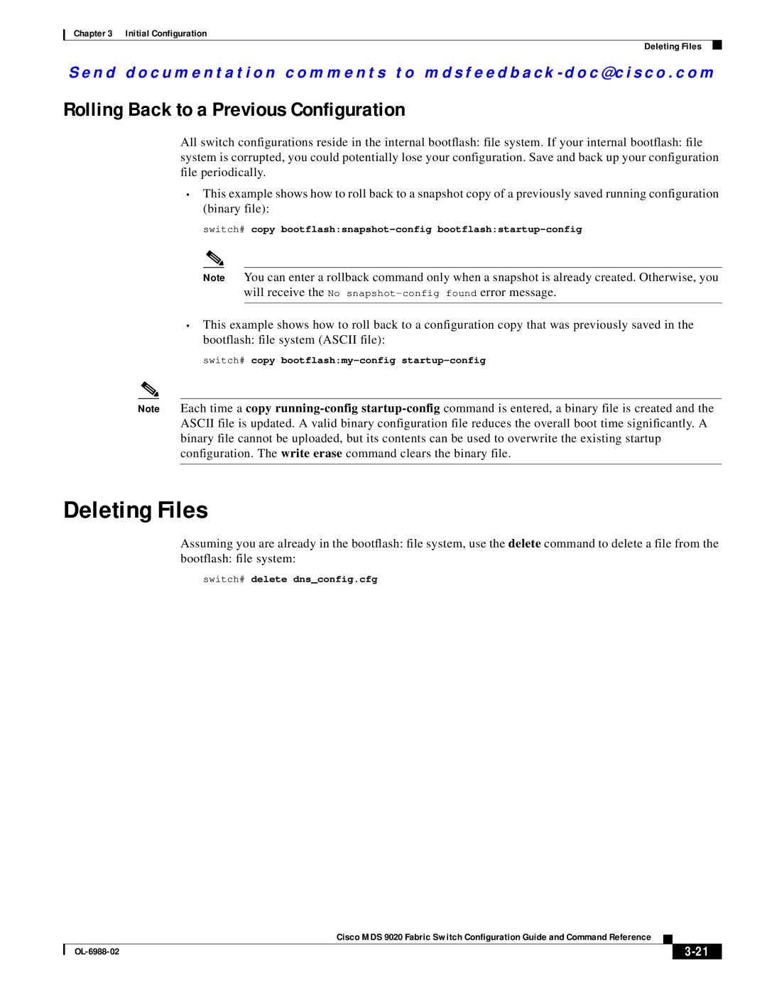 Cisco Systems MDS 9020 manual Deleting Files, Rolling Back to a Previous Configuration 