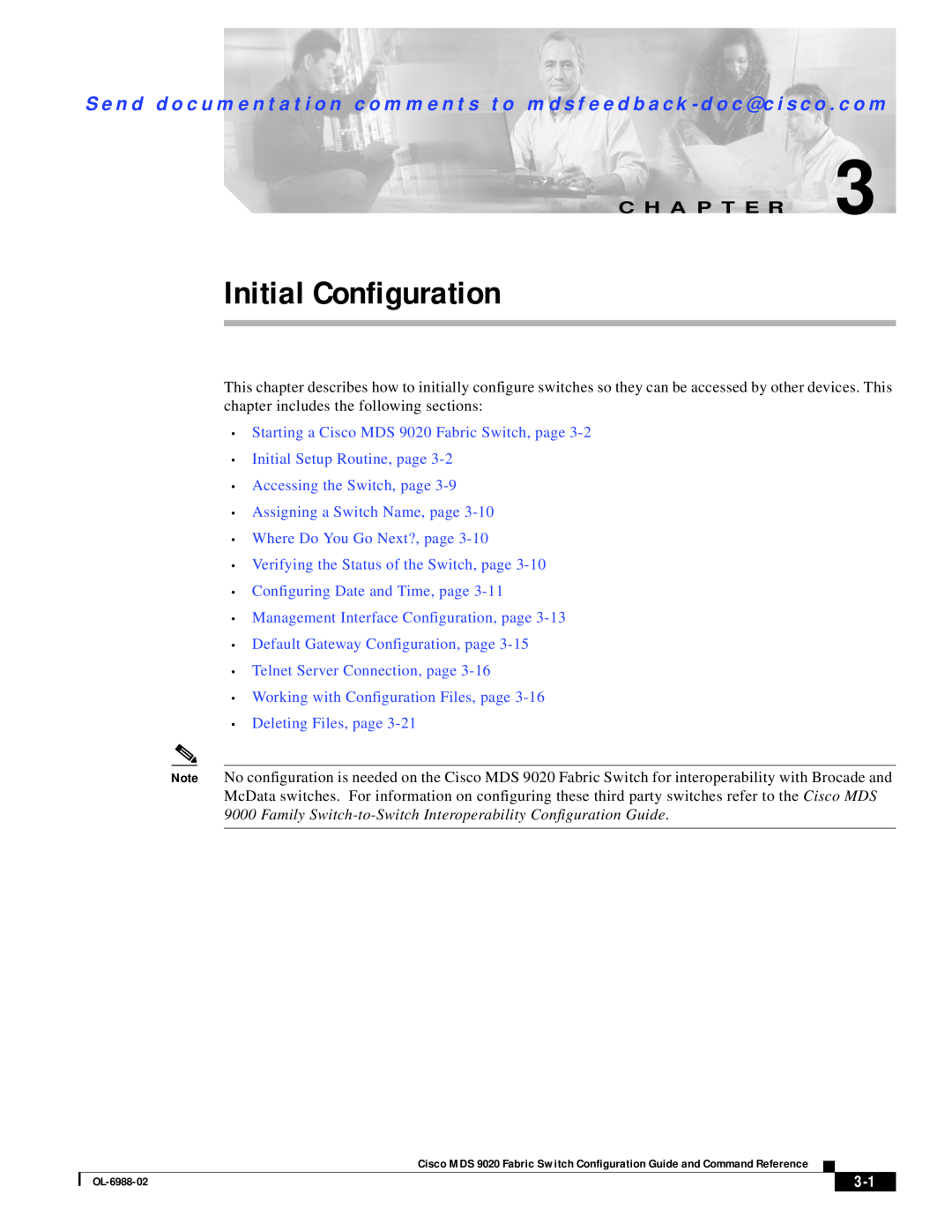 Cisco Systems MDS 9020 manual Initial Configuration, C H A P T E R 